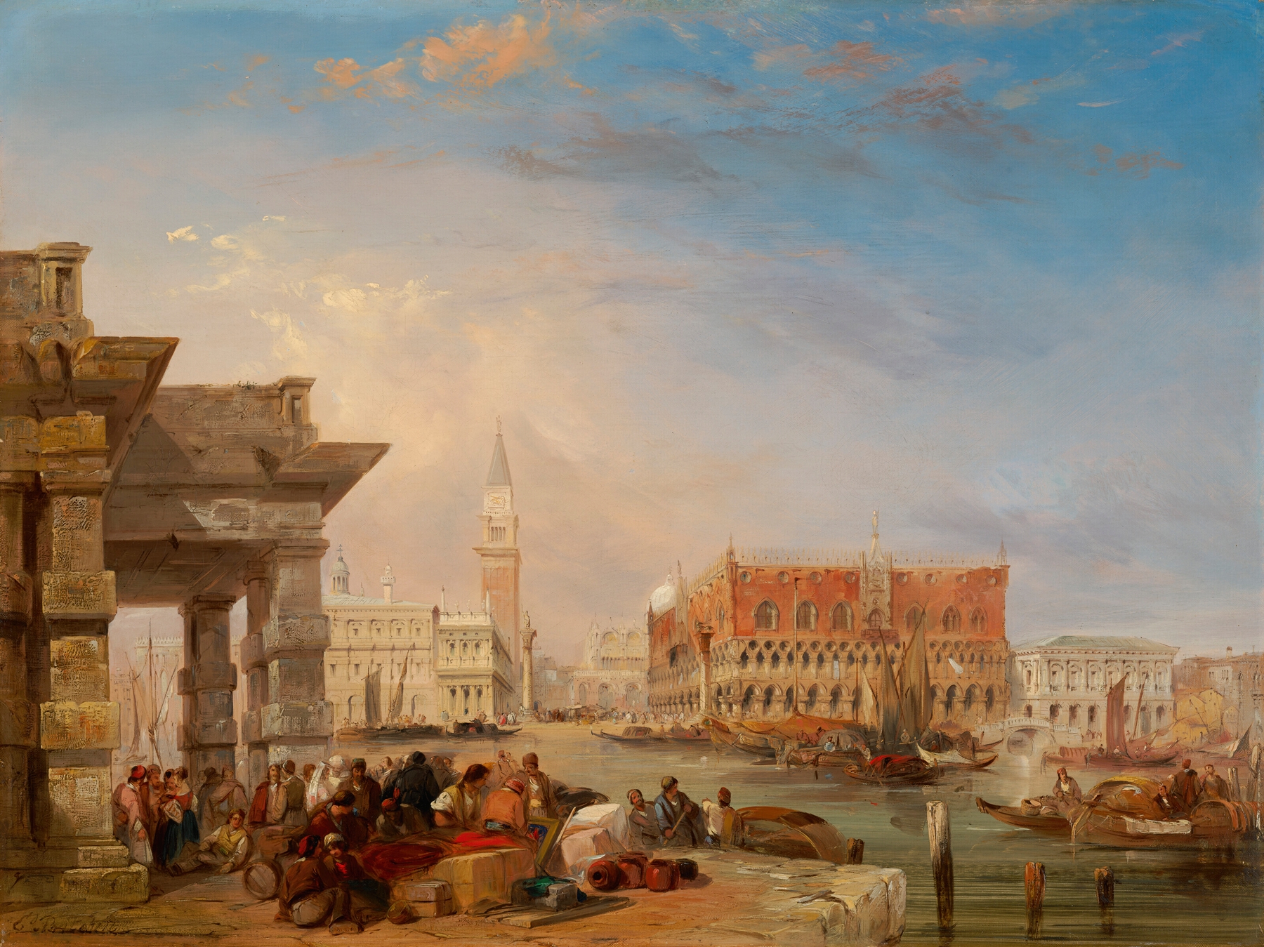 St Mark’s from the Dogana, oil on canvas by Edward Pritchett, depicting a vibrant cityscape at sunrise.