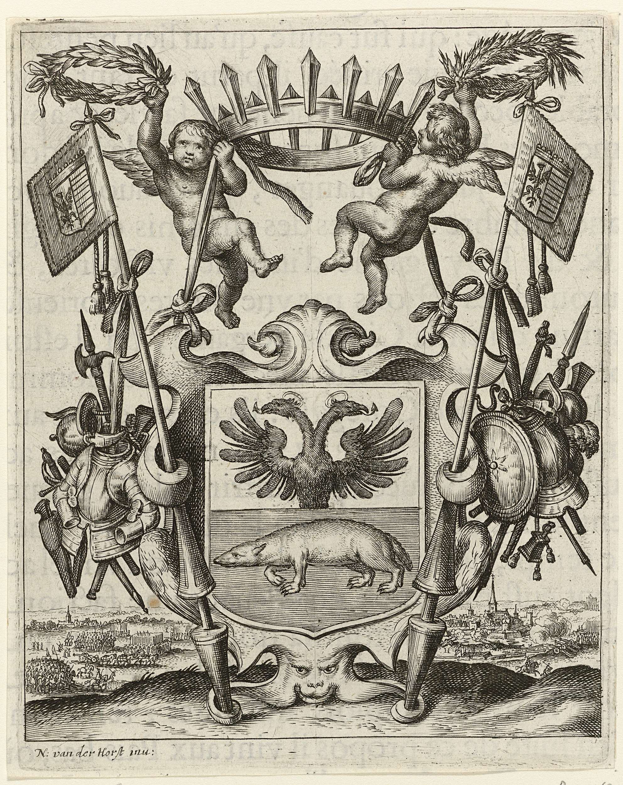 Familiewapen van Von Thurn und Taxis etching by Wenceslaus Hollar featuring a heraldic shield.