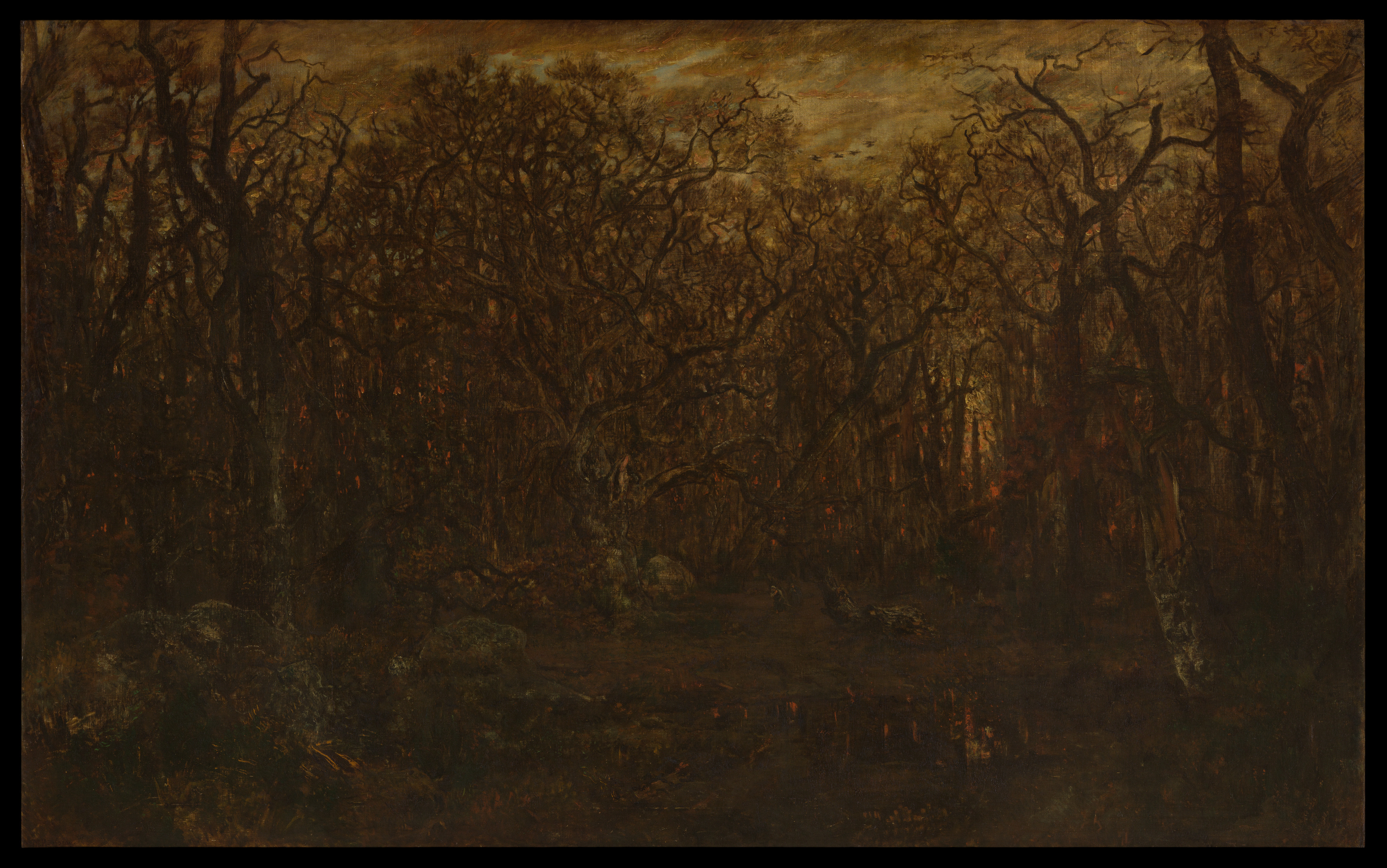 The Forest in Winter at Sunset, by Théodore Rousseau, public domain