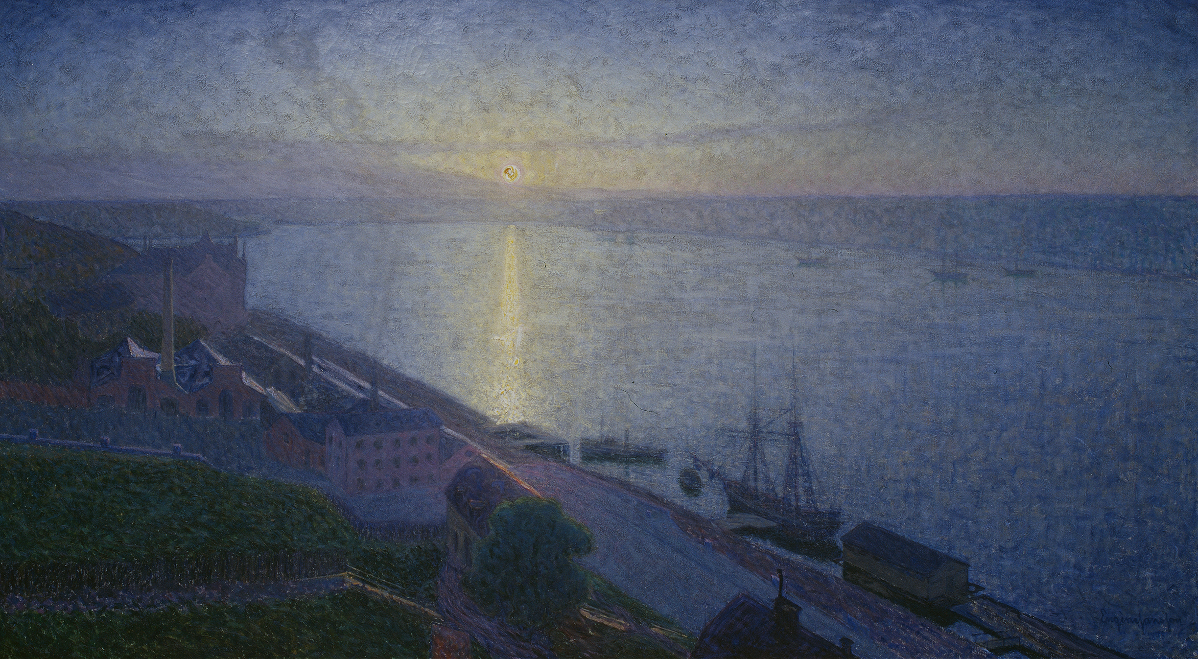 Sunset by Eugène Jansson, oil painting depicting a vibrant twilight landscape.
