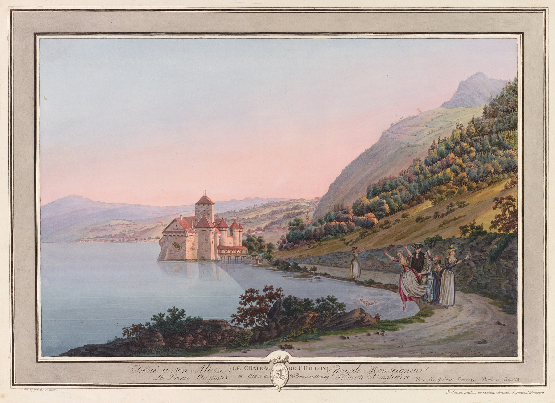 Oil painting by Pierre Samuel Louis Joyeux depicting Le Château de Chillon by Lake Geneva.