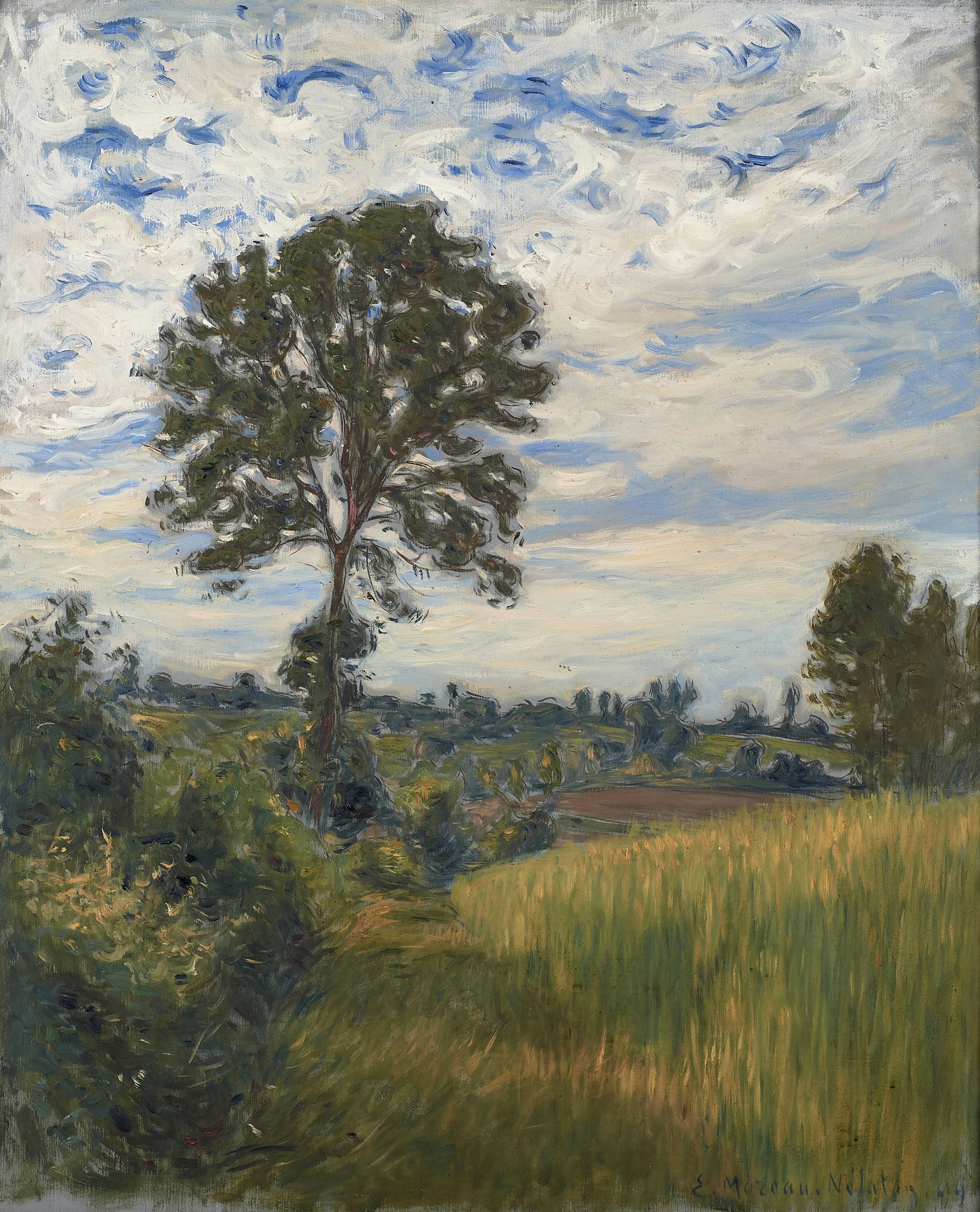 Paysage au grand arbre by Etienne Moreau-Nélaton, impressionist oil painting of a tranquil landscape with a grand tree.