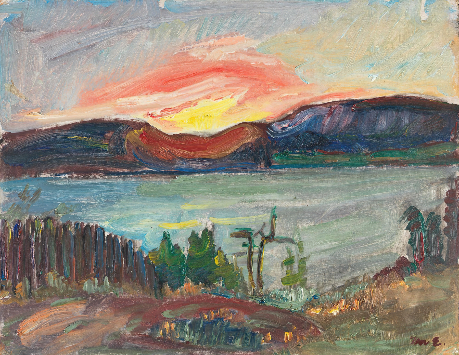 Marine scene with shoreline and sunlight by Thorvald Erichsen, 1935