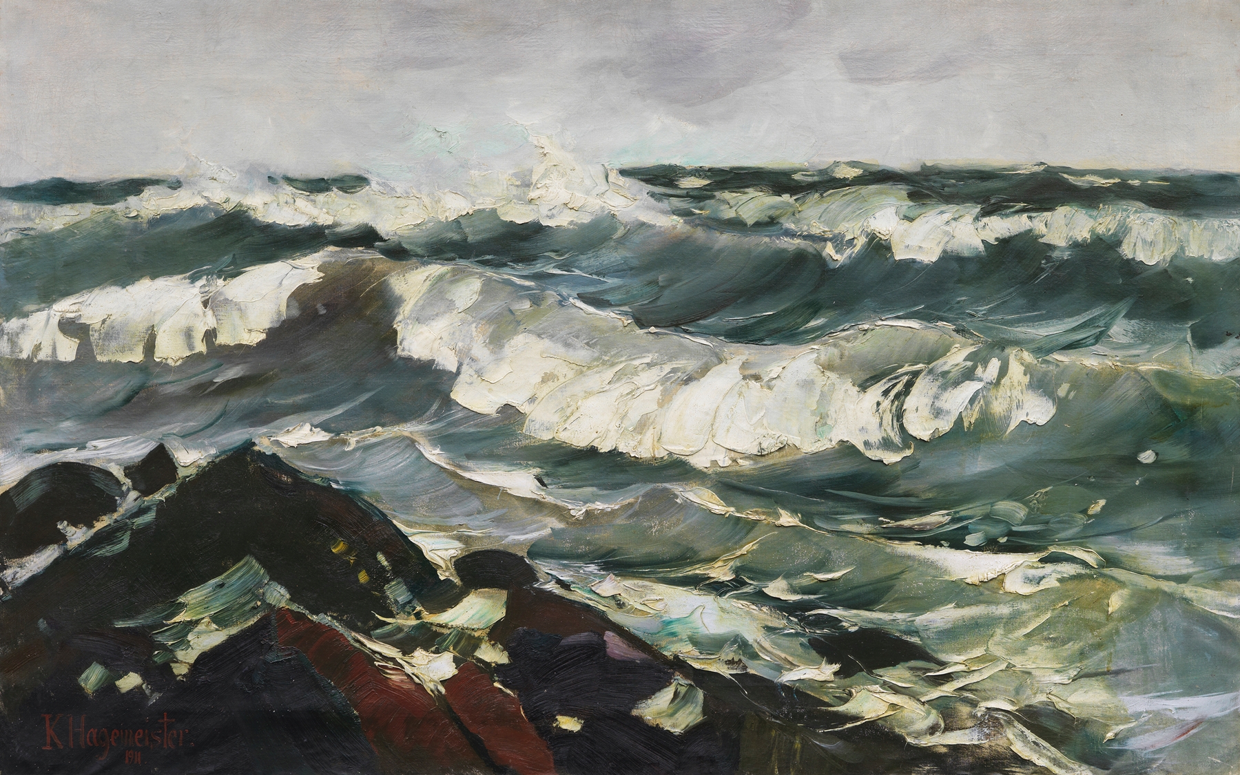 Oil painting by Karl Hagemeister depicting ocean waves in deep blue and turquoise.