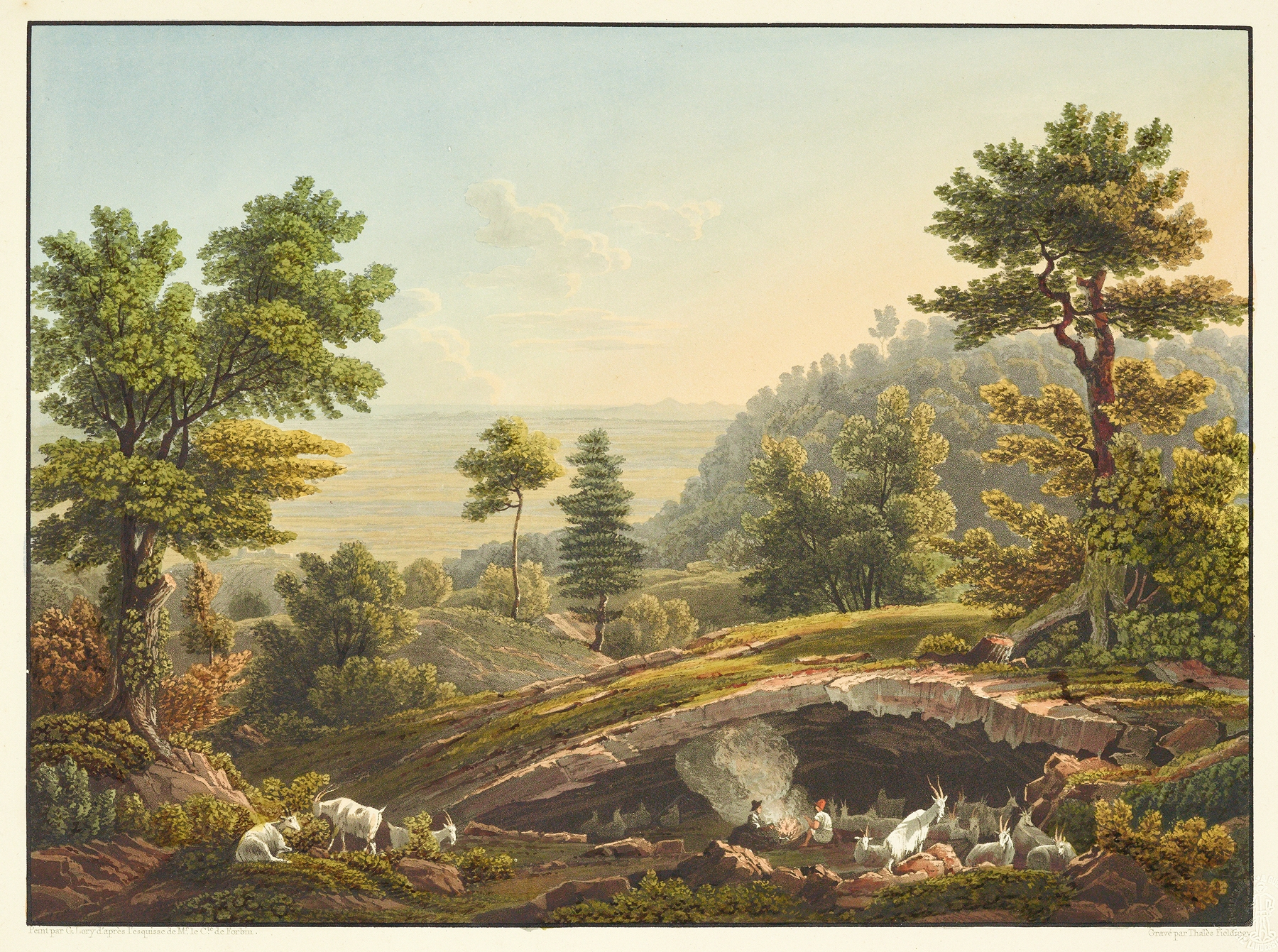 Genre scene depicting a shepherd and cattle in a pastoral landscape by Gabriel Lory the Younger.