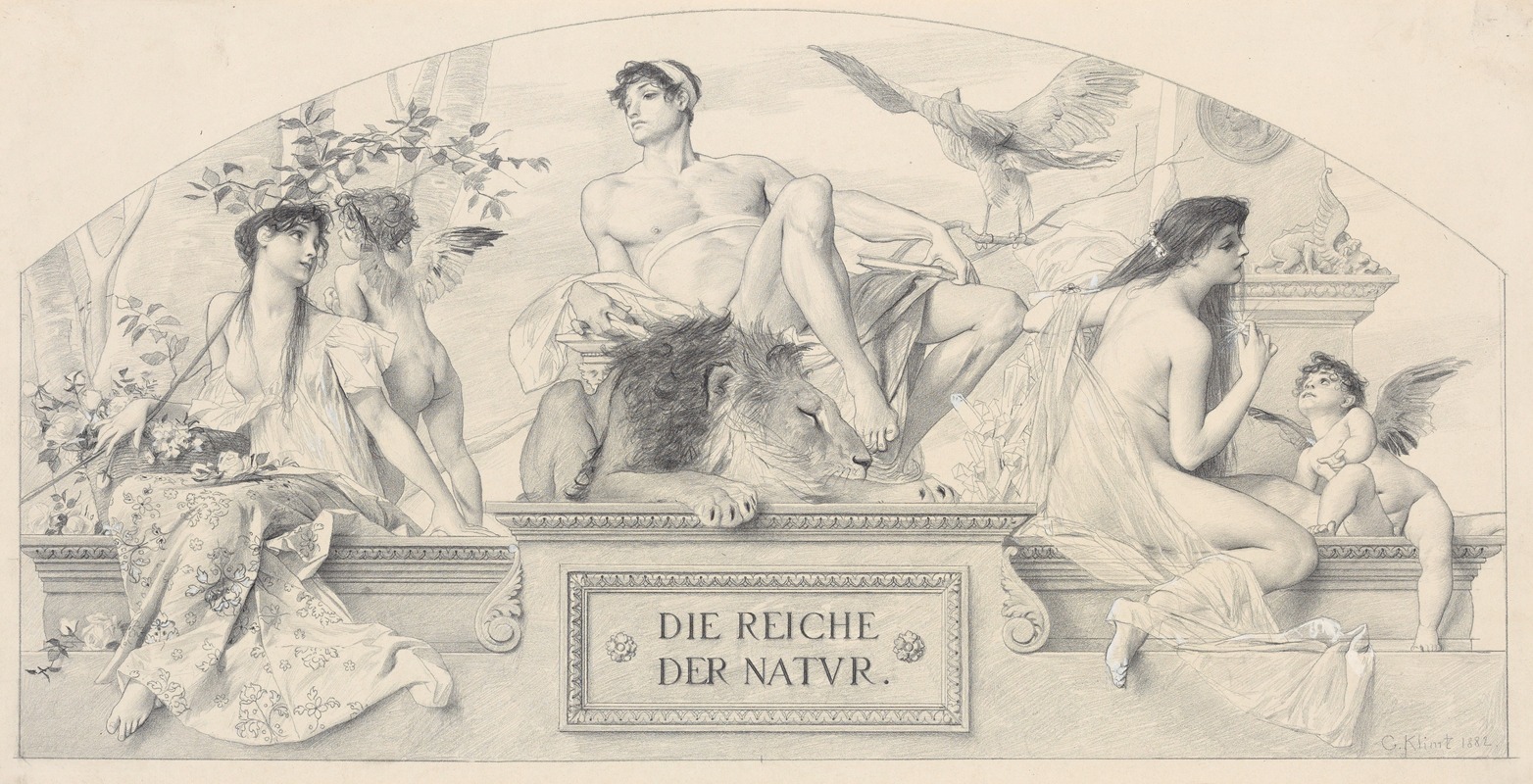 Gustav Klimt's 'Die Reiche der Natur' showcases a vibrant interplay of nature and allegory.