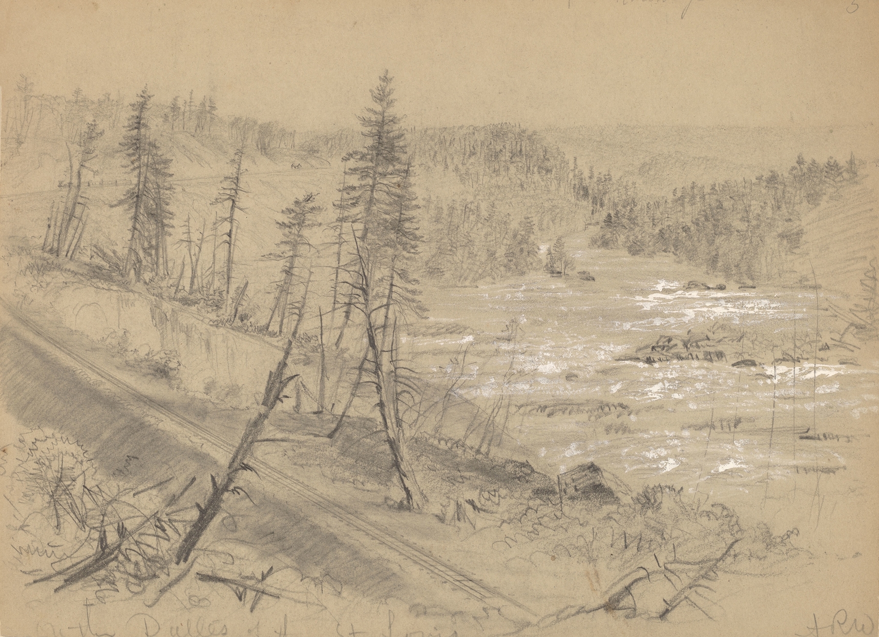 Railroad on the Dalles of the St. Louis by Alfred Rudolph Waud, oil painting depicting a railroad in a tranquil landscape.