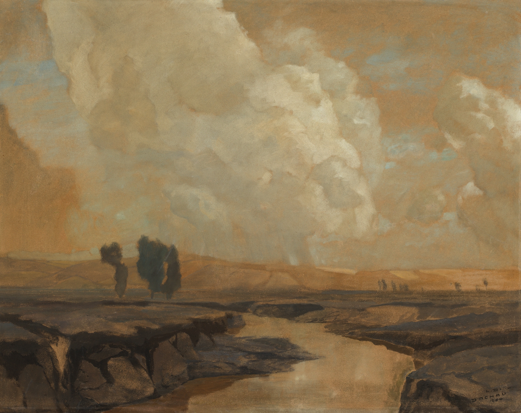 Gewitter im Moor mit Wolkenschatten by Ludwig Dill, impressionism, stormy landscape
