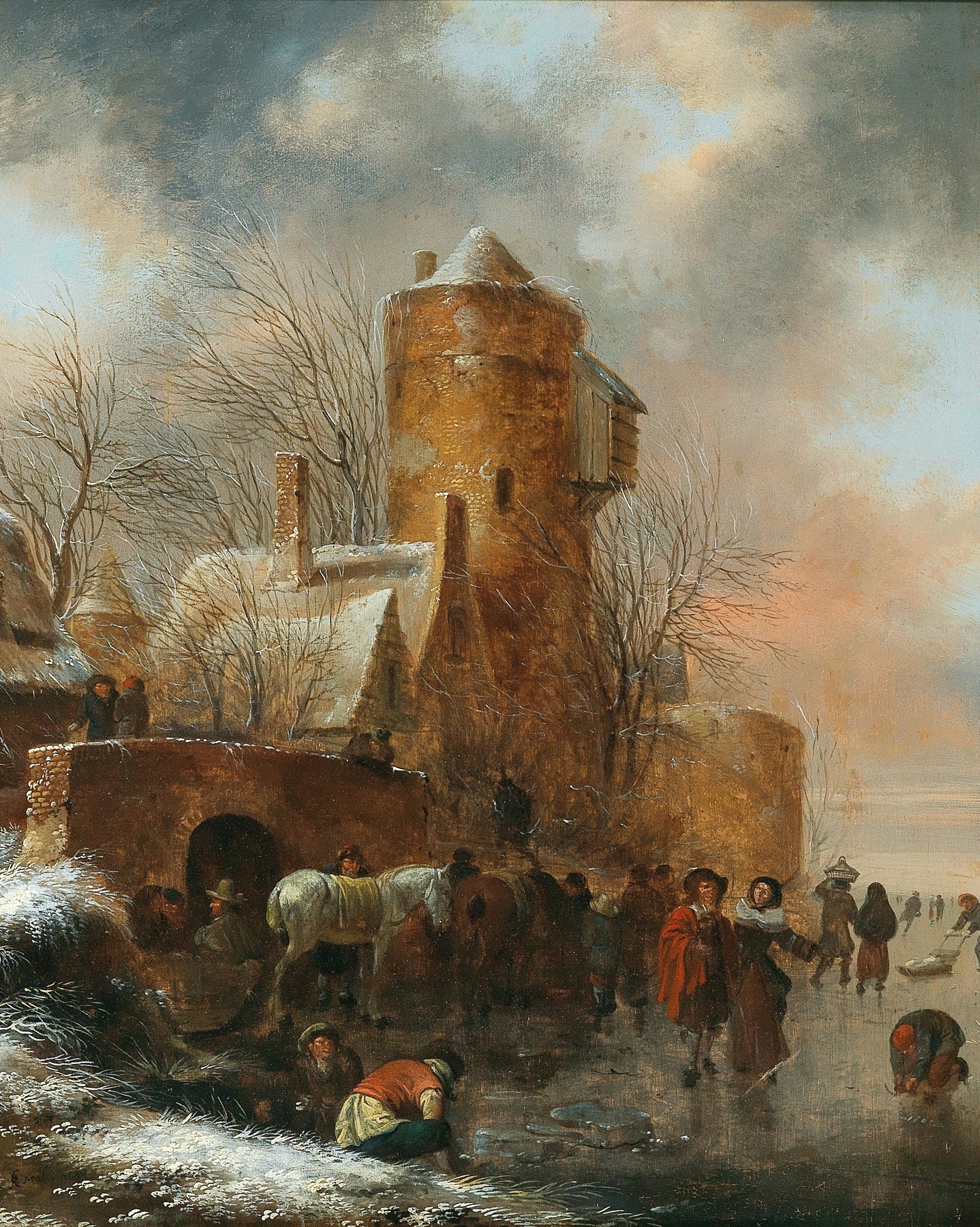 A winter landscape with a fortified town by Nicolaes Molenaer, oil painting