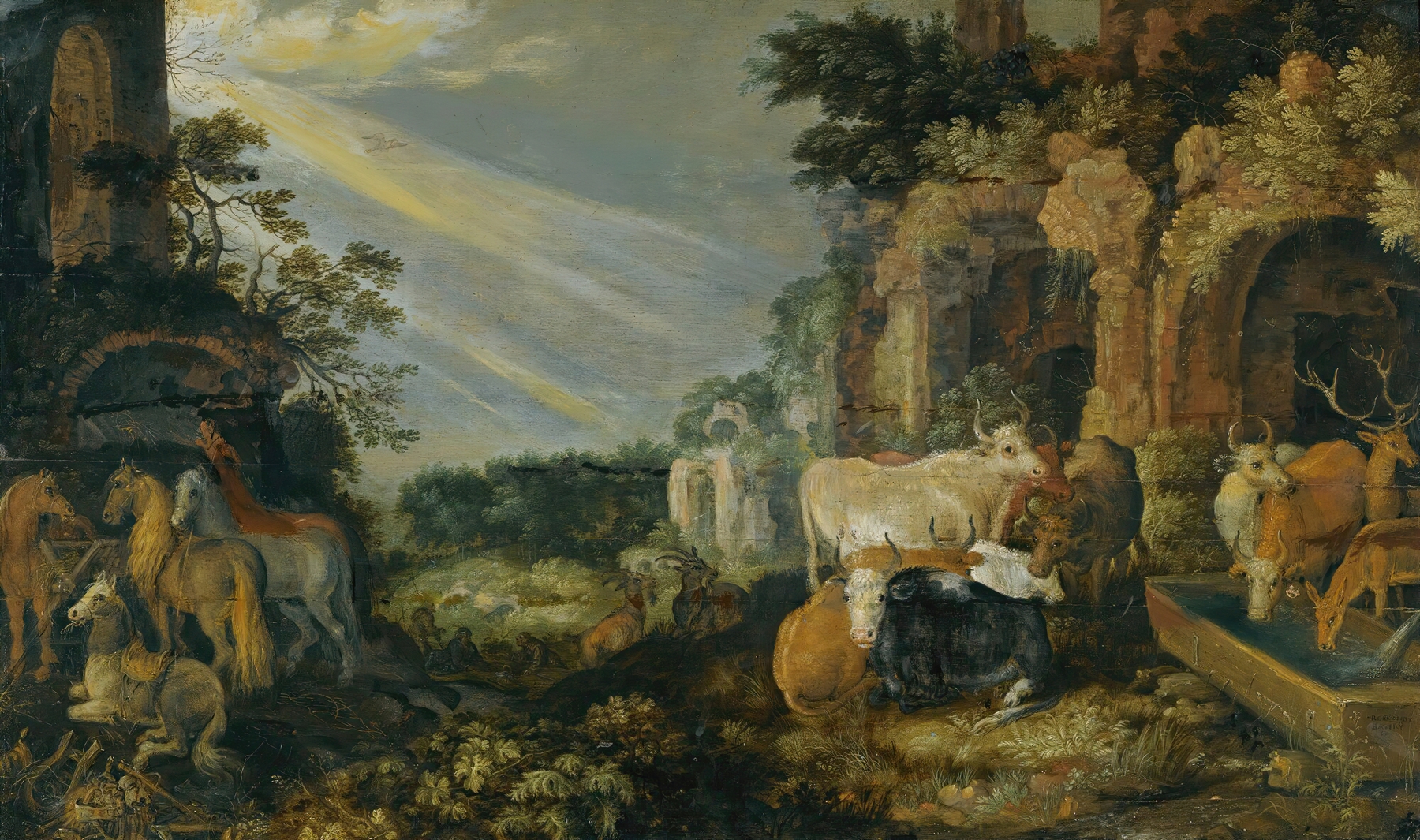 Paradise landscape with horses, cows, and herders, oil on canvas by Roelant Savery