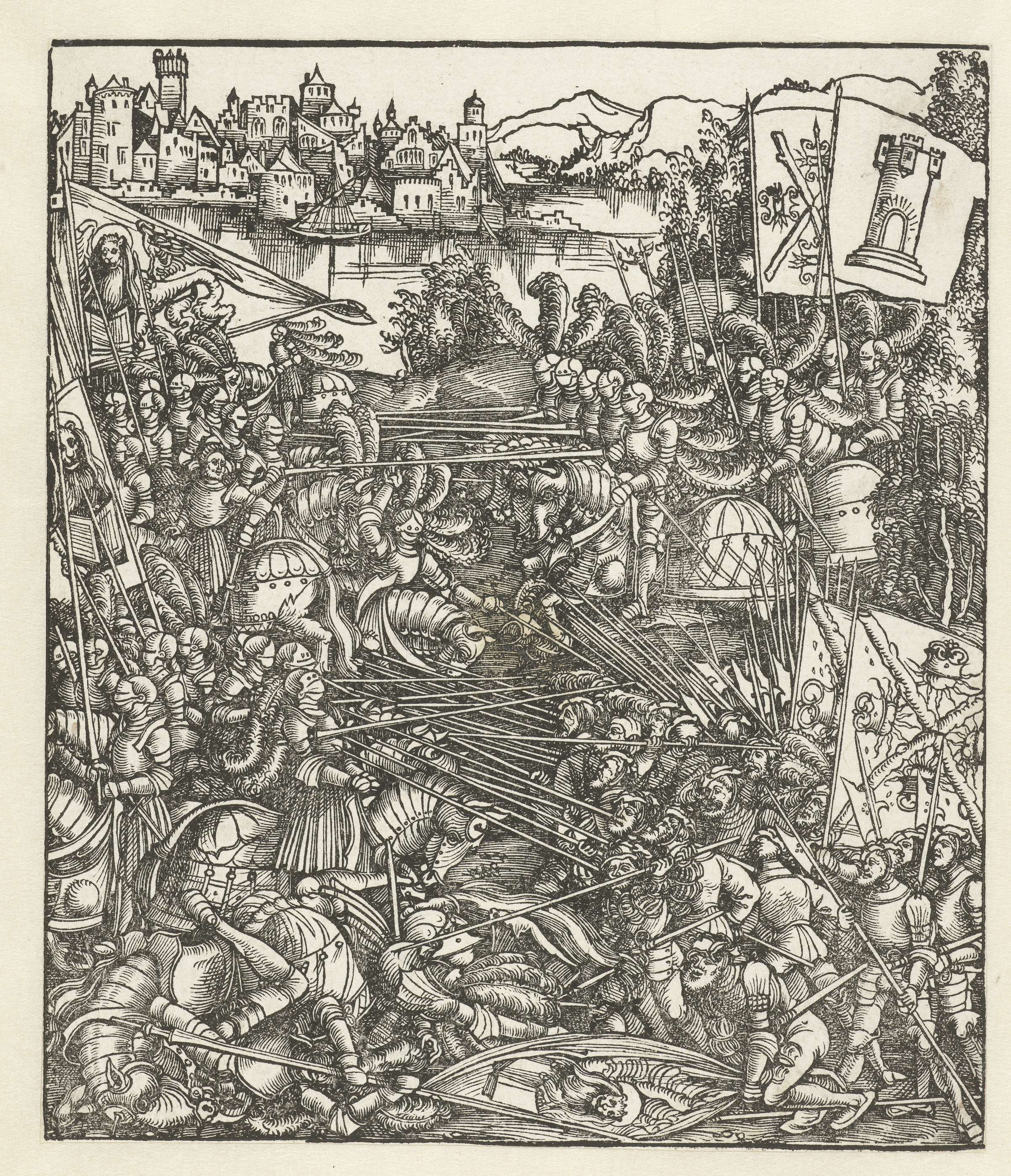 Historical scene depicting a battle with figures in vibrant colors, paper by Hans Springinklee