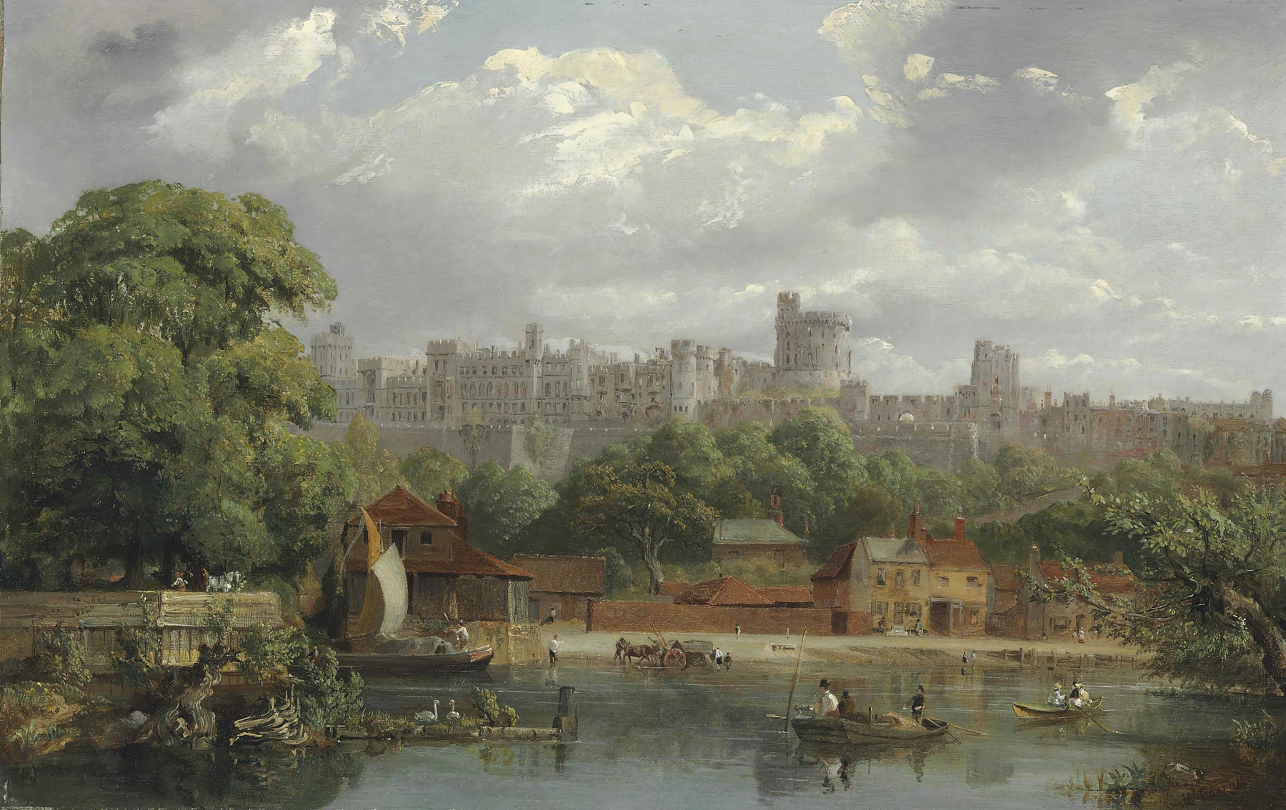 Windsor Castle From The Thames by William Parrott, oil painting depicting a sunset over the river.