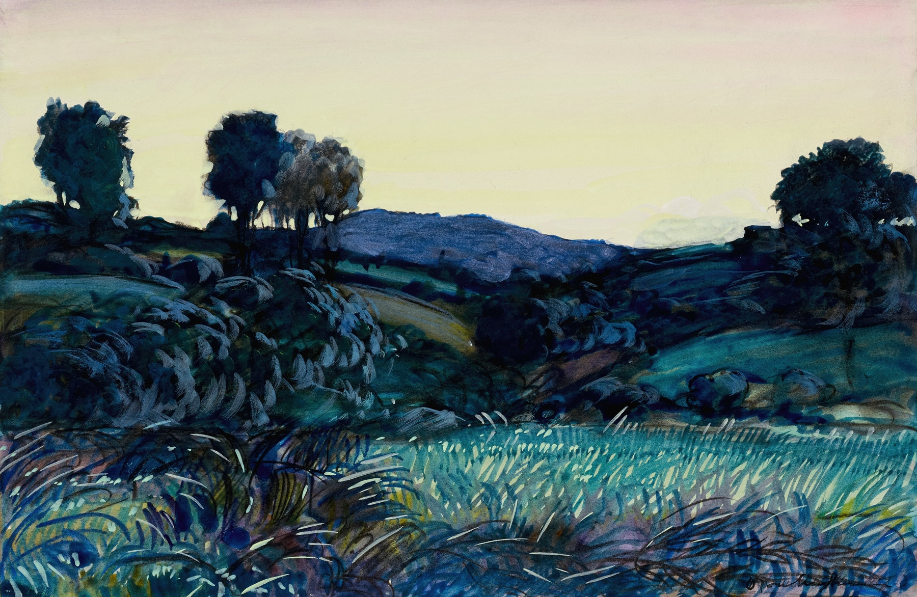 Landscape oil painting by Donald Shaw MacLaughlan featuring a sunset with vibrant colors.