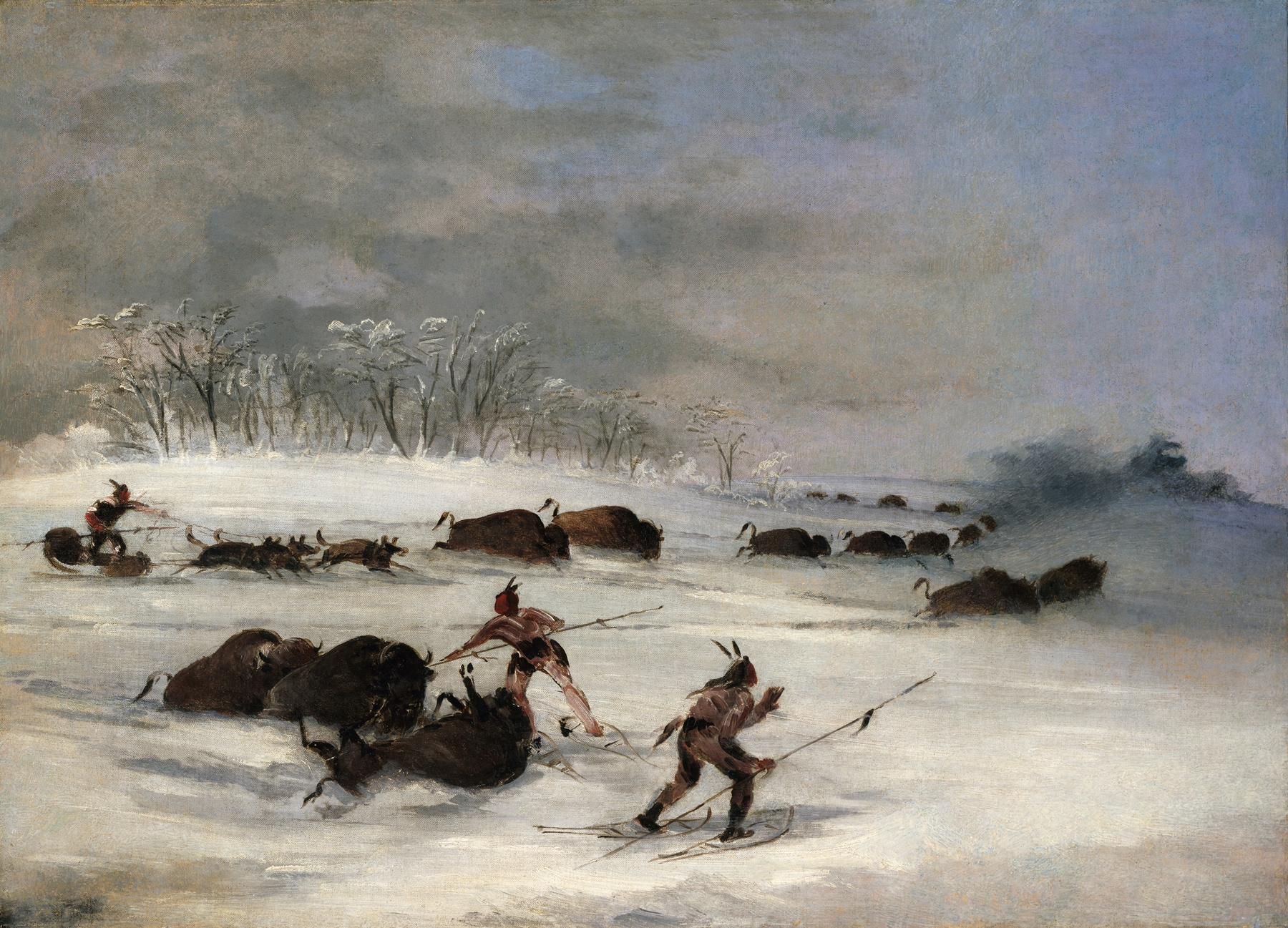 Sioux Indians on snowshoes lancing buffalo, oil on canvas by George Catlin