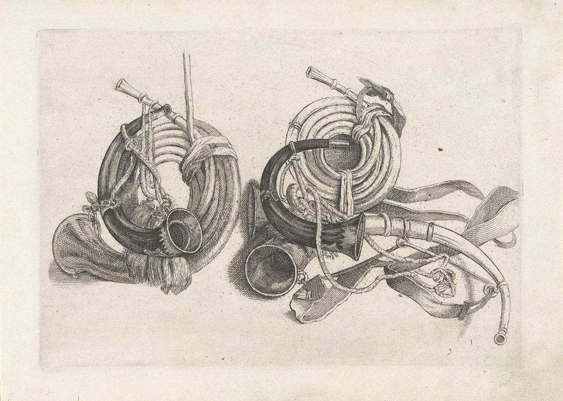 An etching by Wenceslaus Hollar depicting five hunting horns with cords and straps.