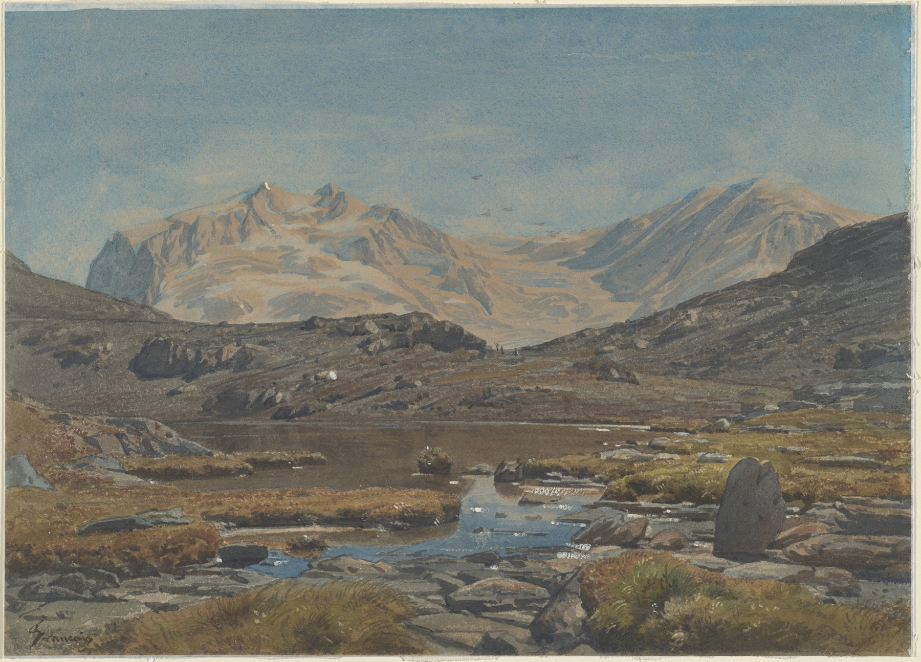 Mountain Landscape by Francois-Louis Français, oil painting depicting serene mountains and sky.