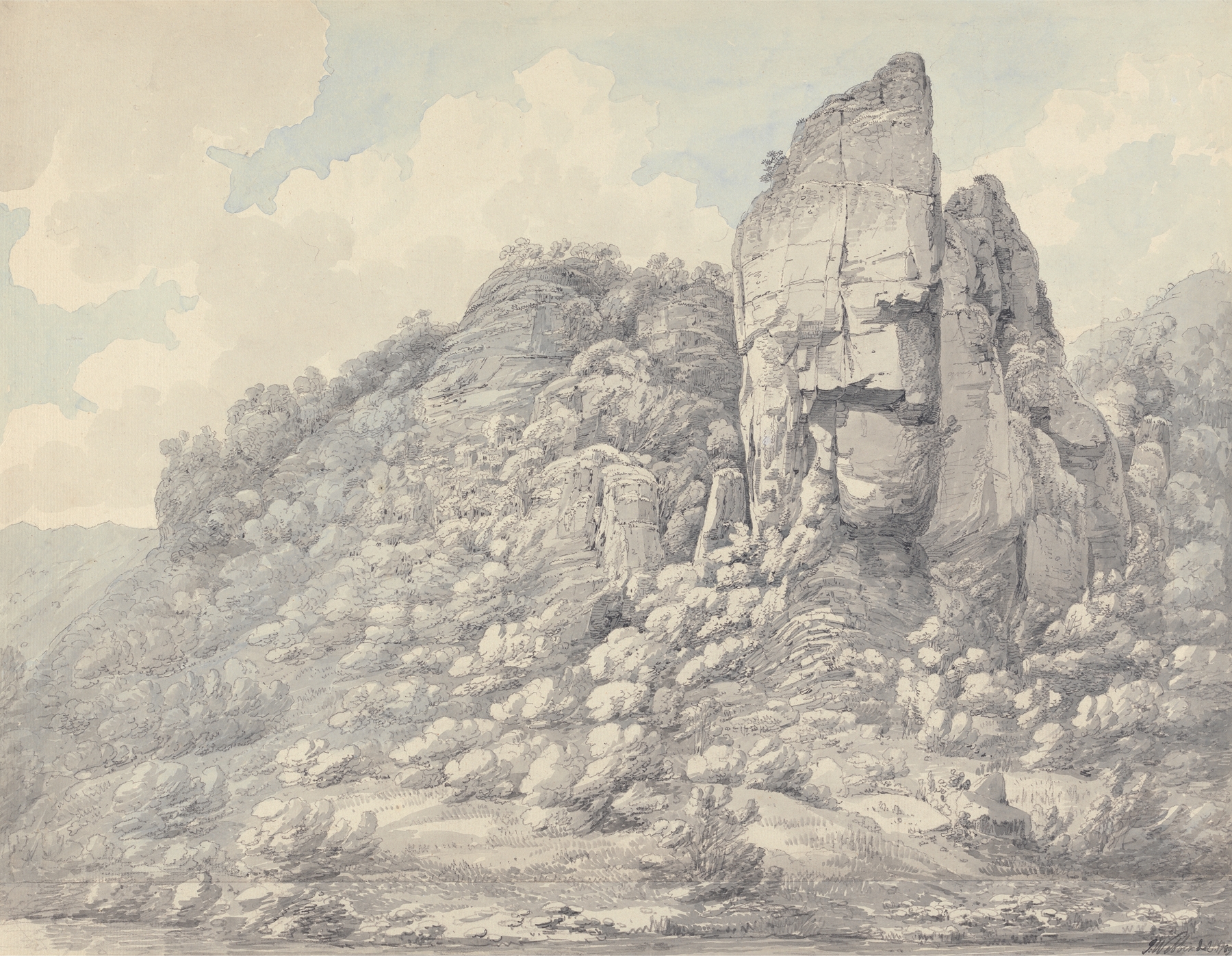 Rocks in Derbyshire by John Webber, oil on canvas depicting rugged terrain and jagged peaks.