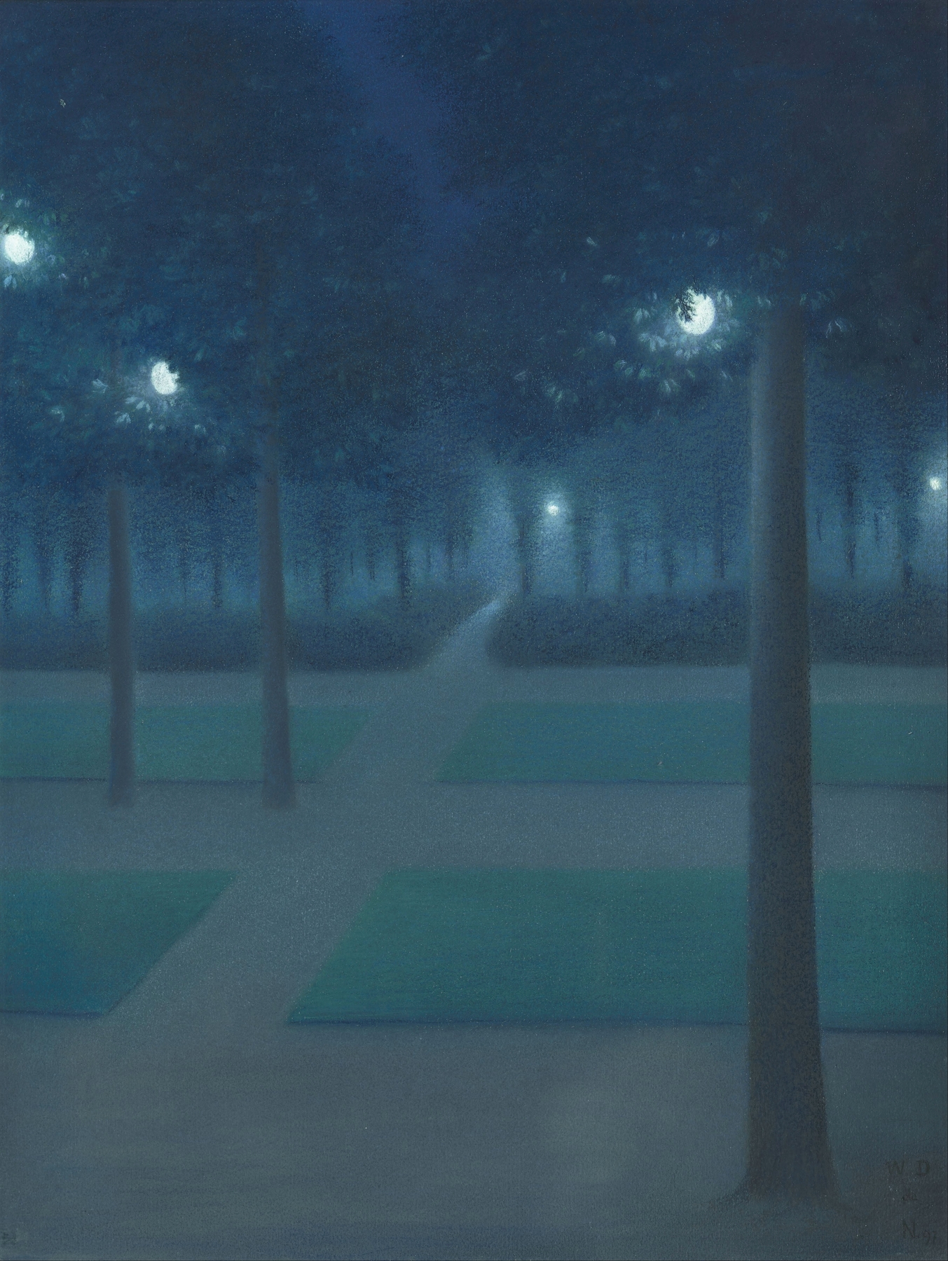 Nocturn in the Parc Royal, Brussels by William Degouve de Nuncques, oil on canvas depicting a park at night.