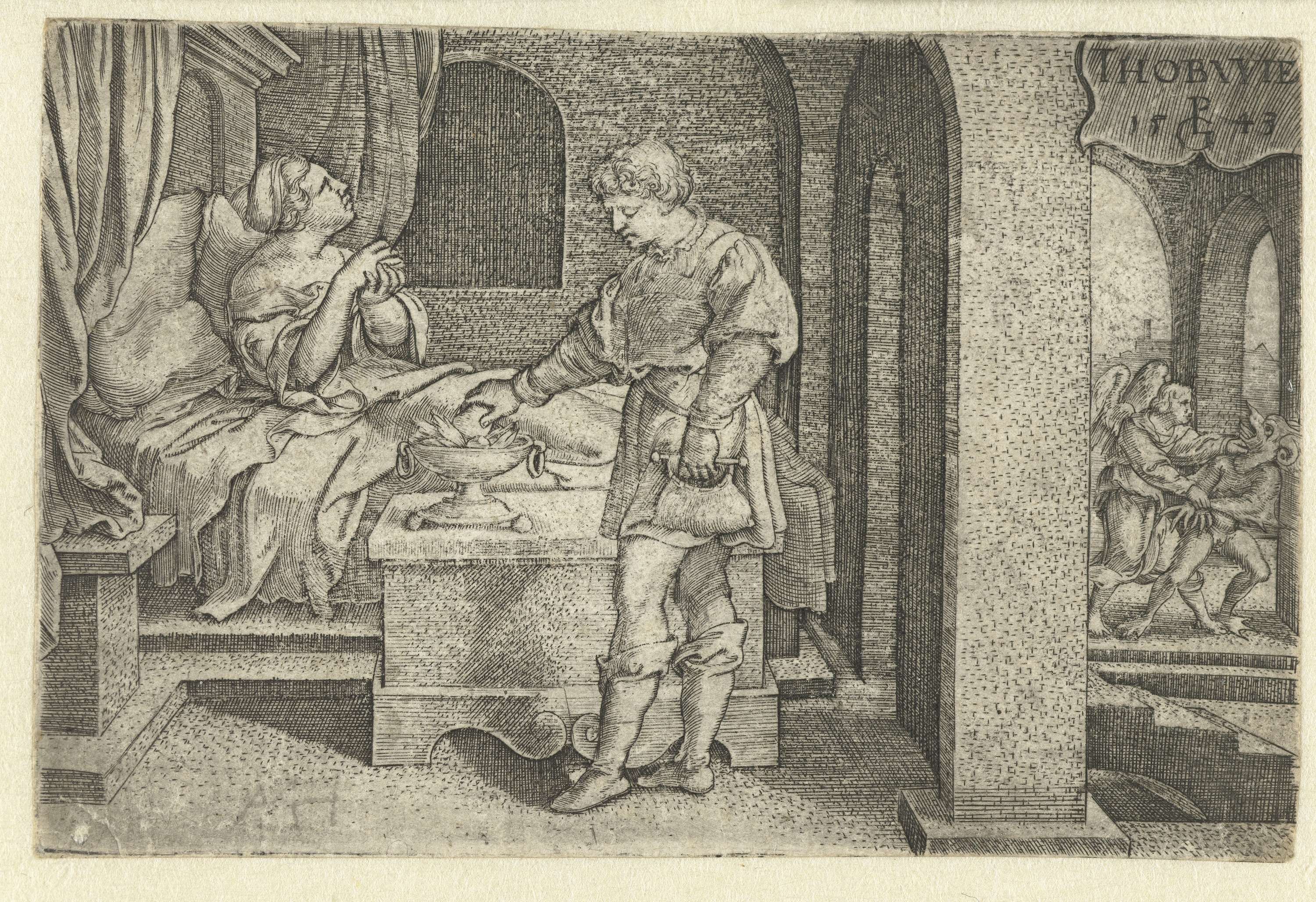 Engraving by Georg Pencz showing Tobias placing a fish's heart and liver on incense.