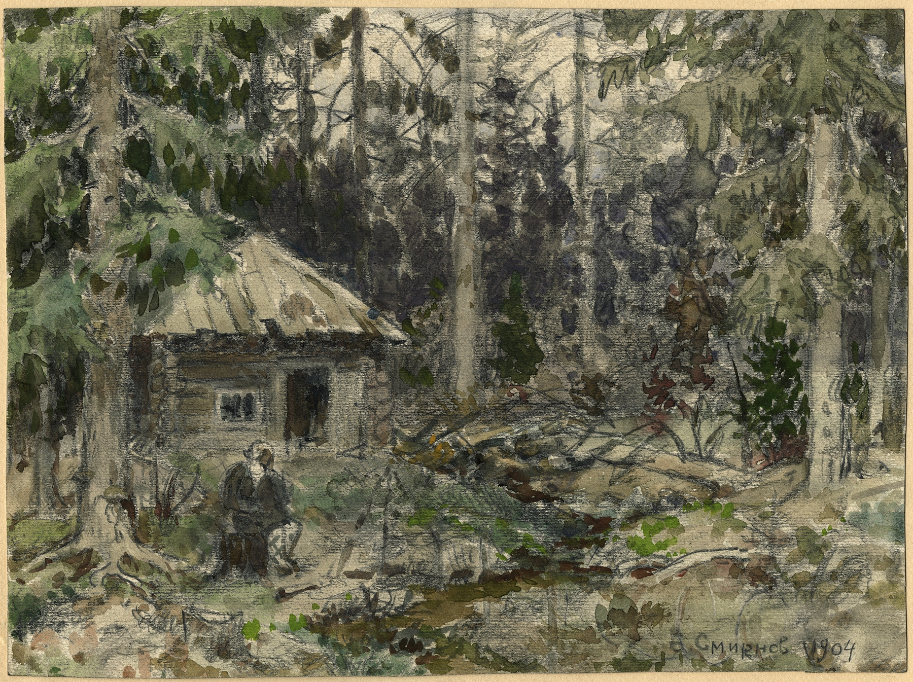 Hut in the Krasnoyarsk Taiga, oil on canvas by Boris Vasilievich Smirnov