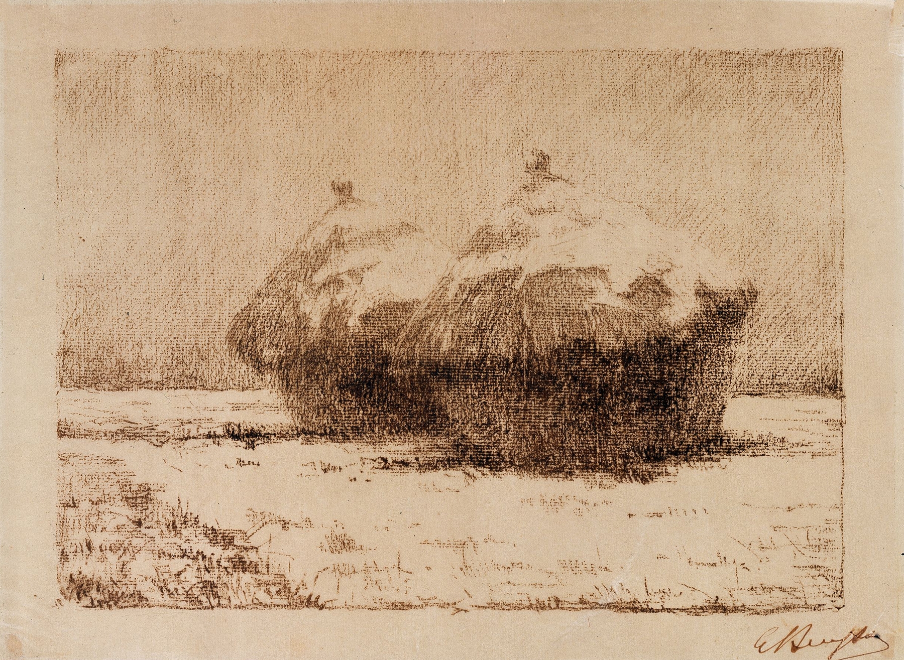 Stacks in Snow by Georges Léon Ernest Buysse, realism, depicts snow-covered stacks in a winter landscape