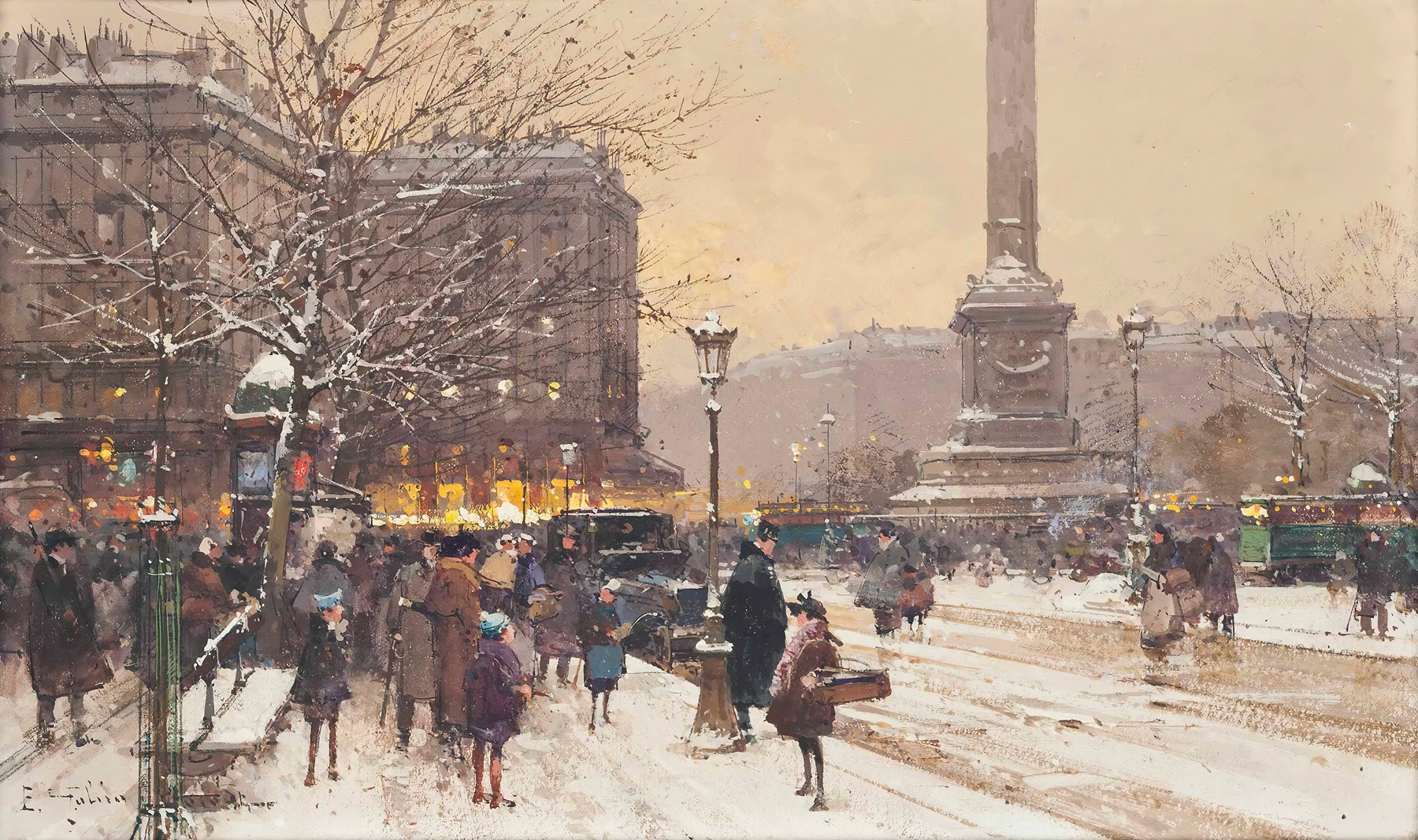 Figures in the snow, oil painting by Eugène Galien-Laloue depicting a winter scene in Paris