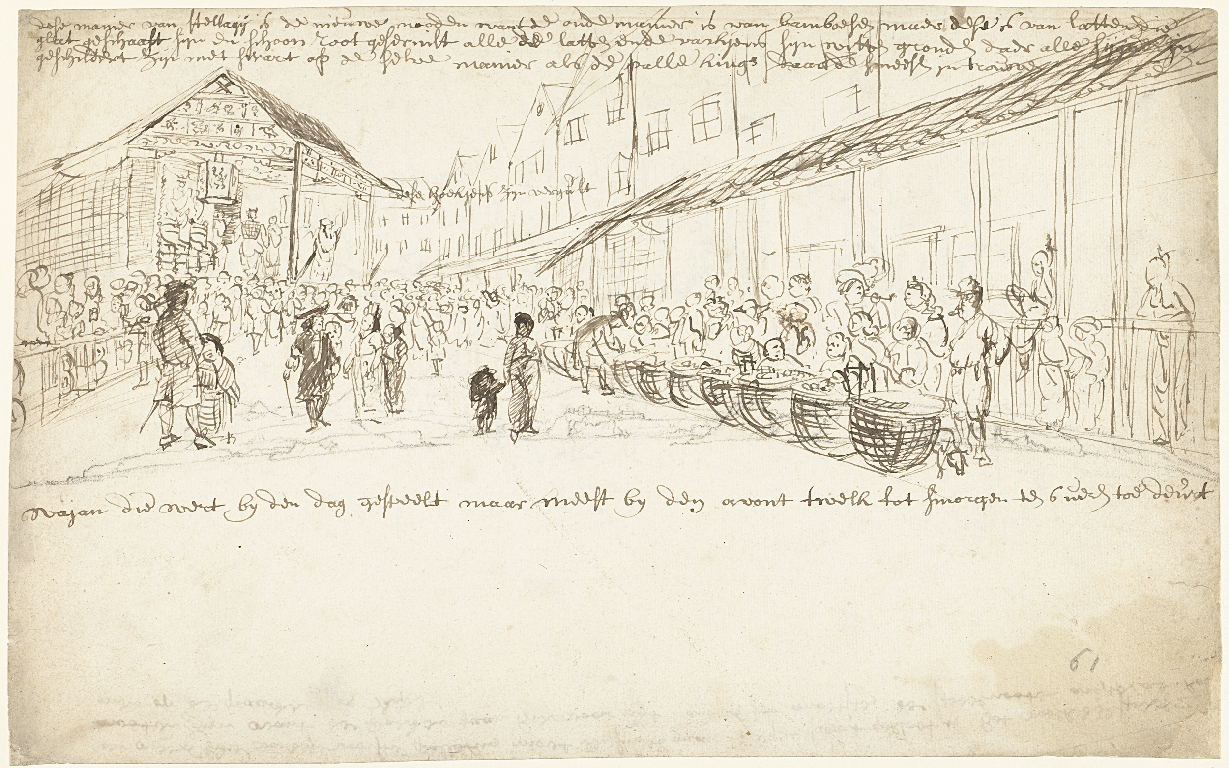 Drawing by Wouter Schouten depicting a market and theatrical performance in Batavia.