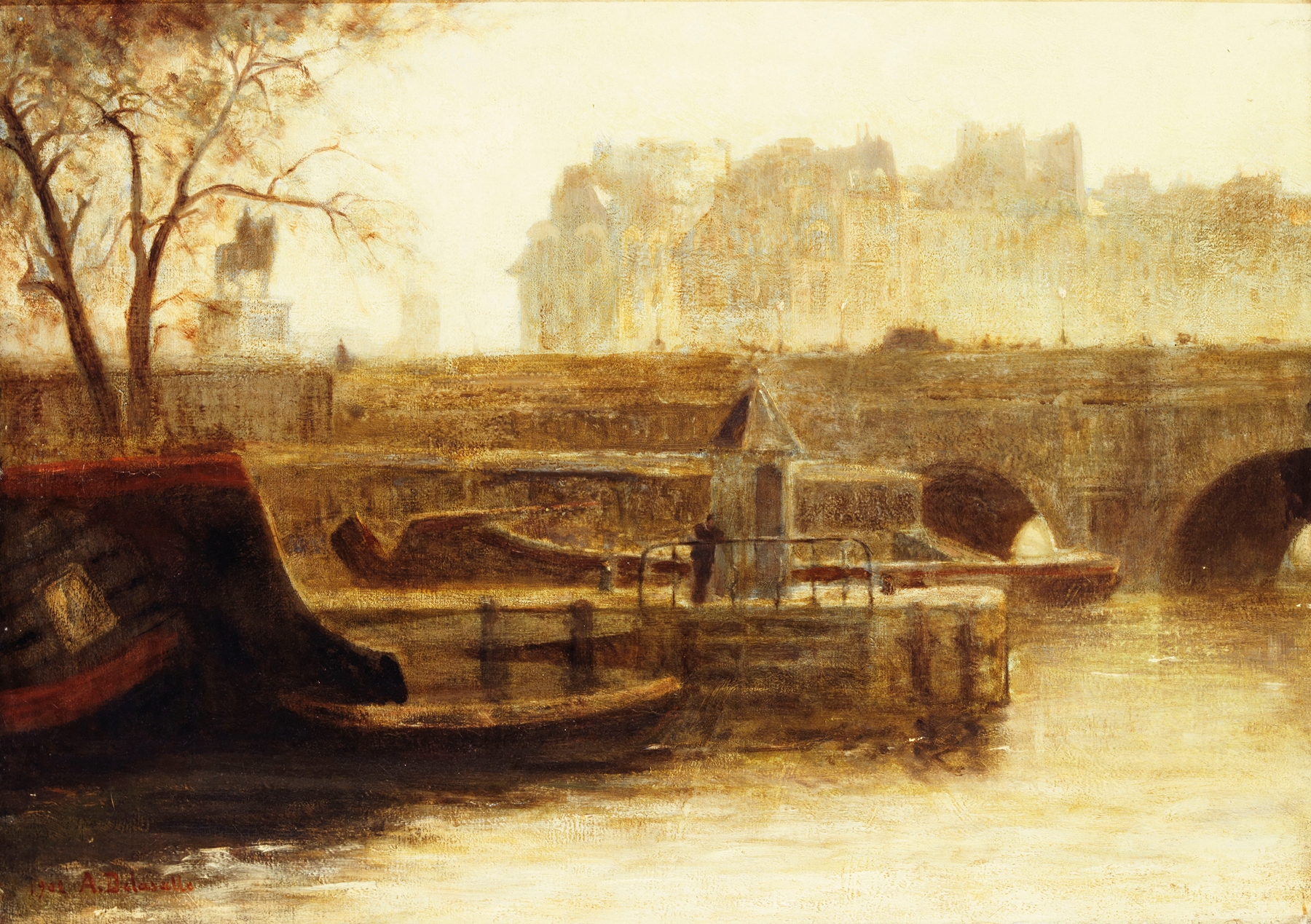 Landscape of the Seine with Pont-Neuf at twilight, oil on canvas by Angèle Delasalle