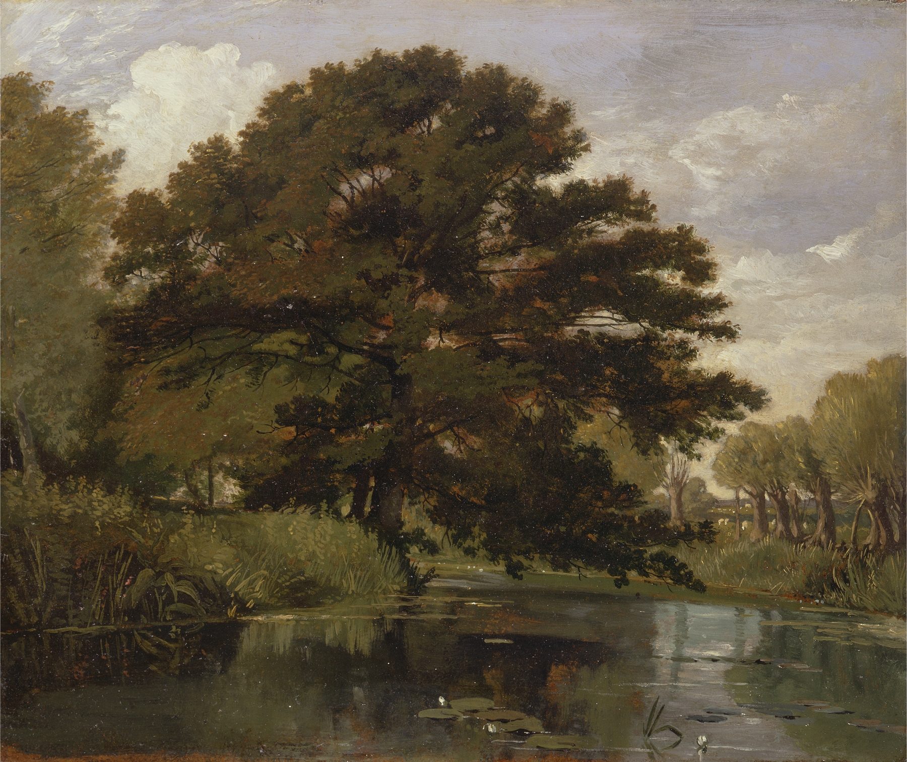 Watercolour by William Alfred Delamotte depicting a tranquil river landscape in Oxfordshire
