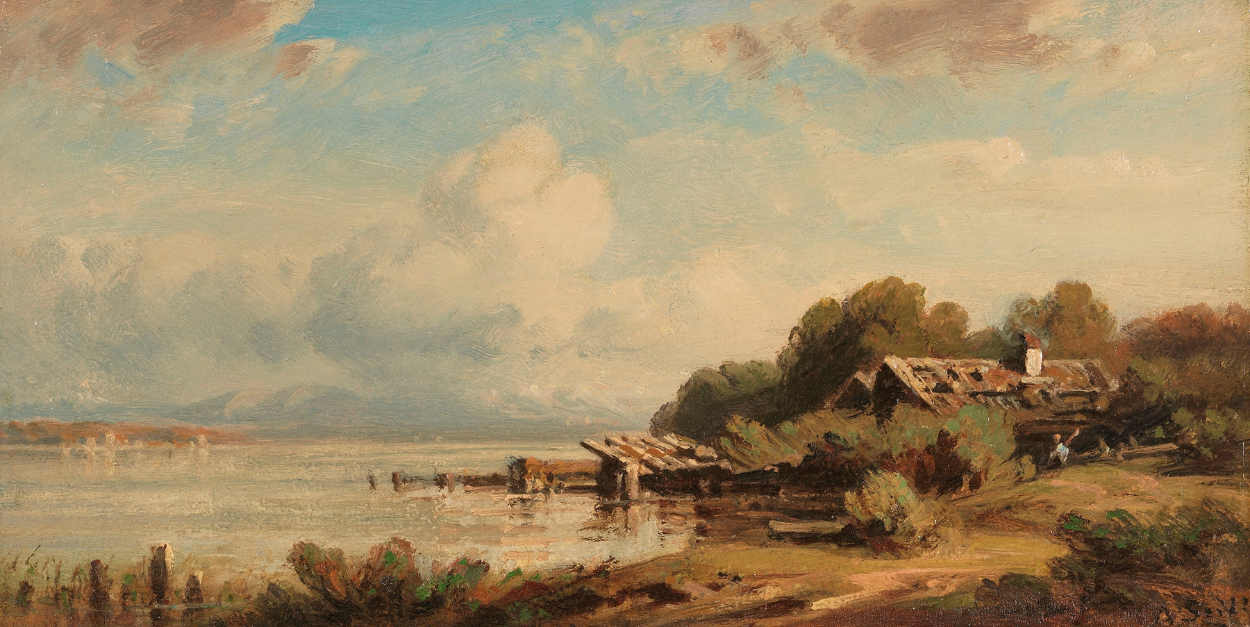 Fischerhütte am Starnberger See by August Seidel, oil painting depicting a fishing hut by a lake.