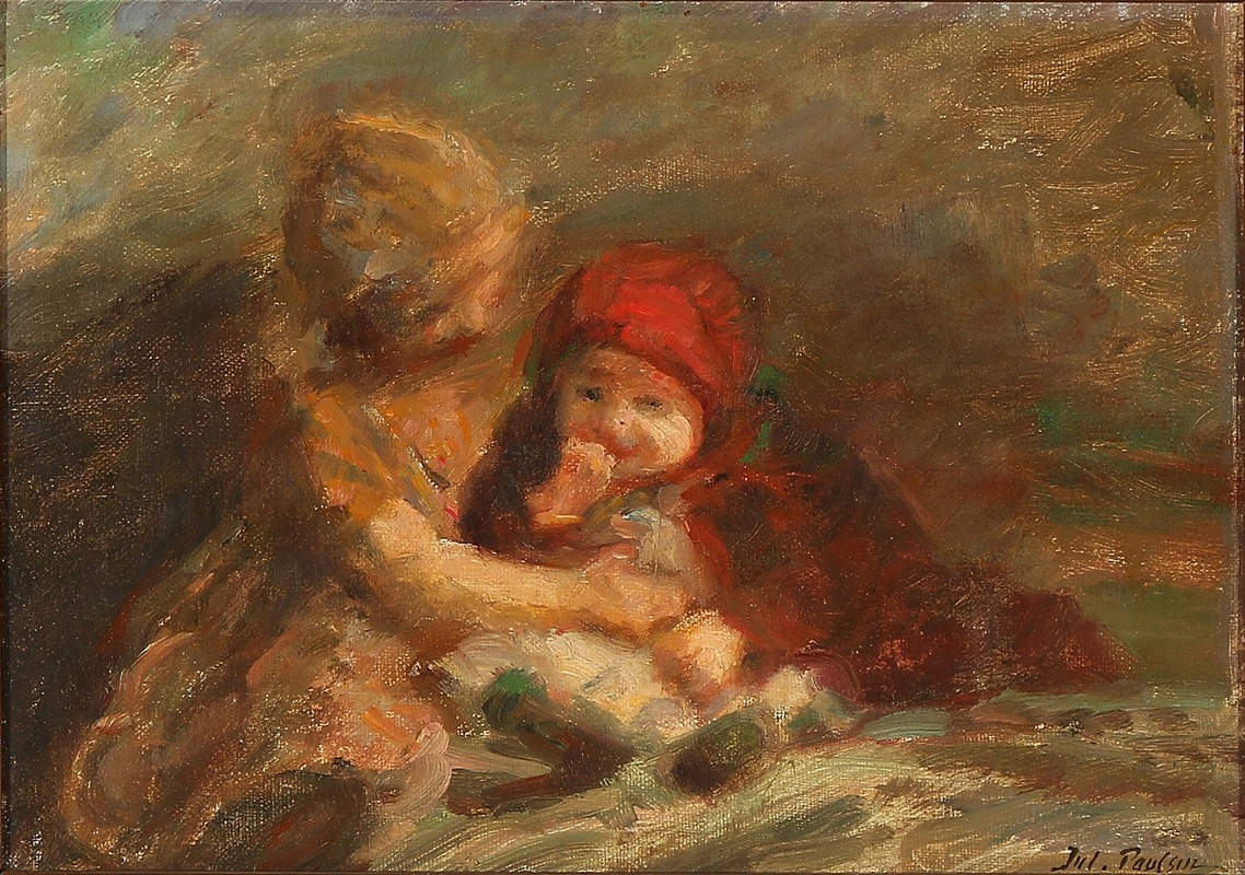 A depiction of a sister caring for her younger sibling.