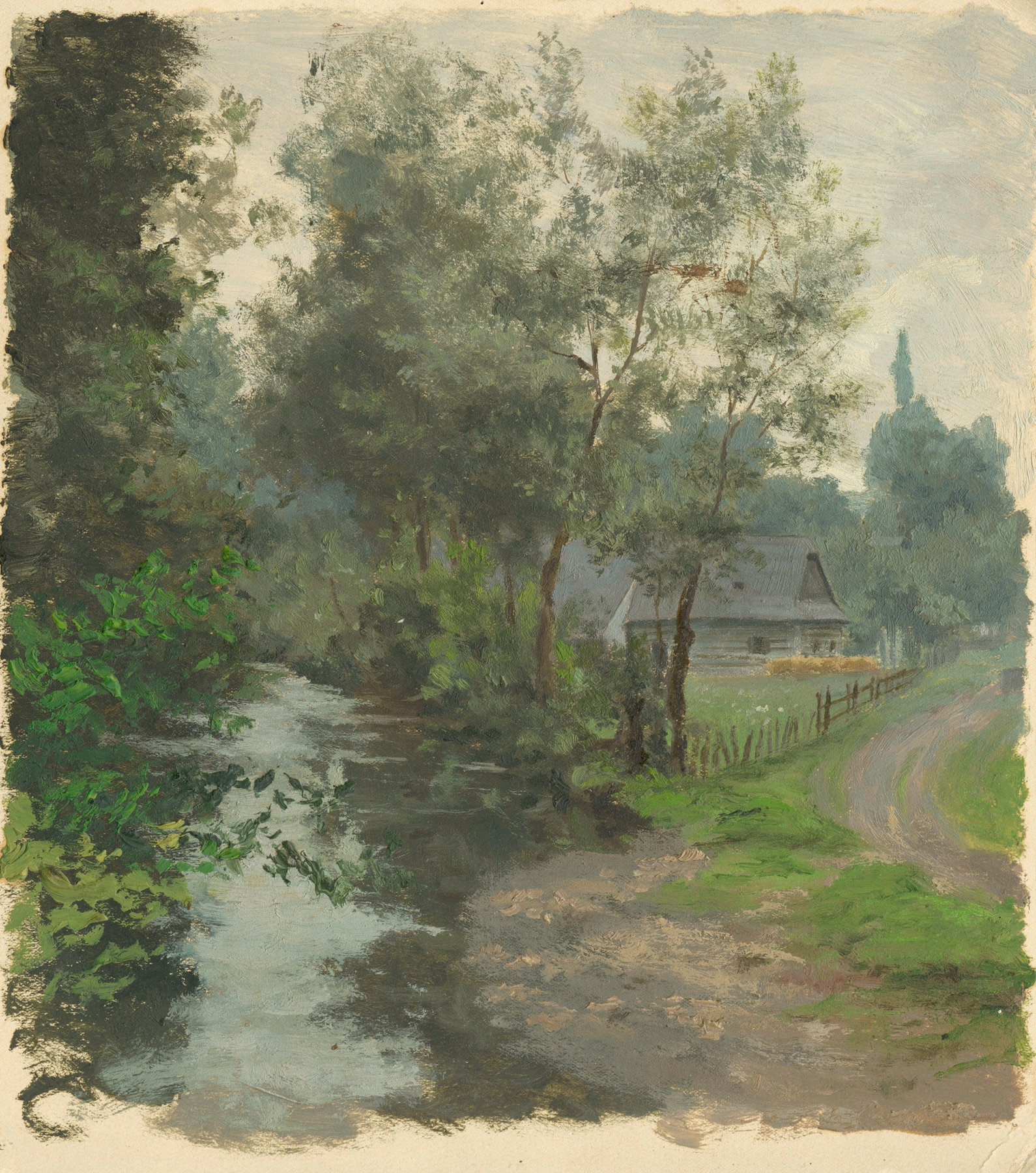 Shepherd’s Hut by Jan Nowopacký, oil on canvas depicting a hut in a tranquil landscape