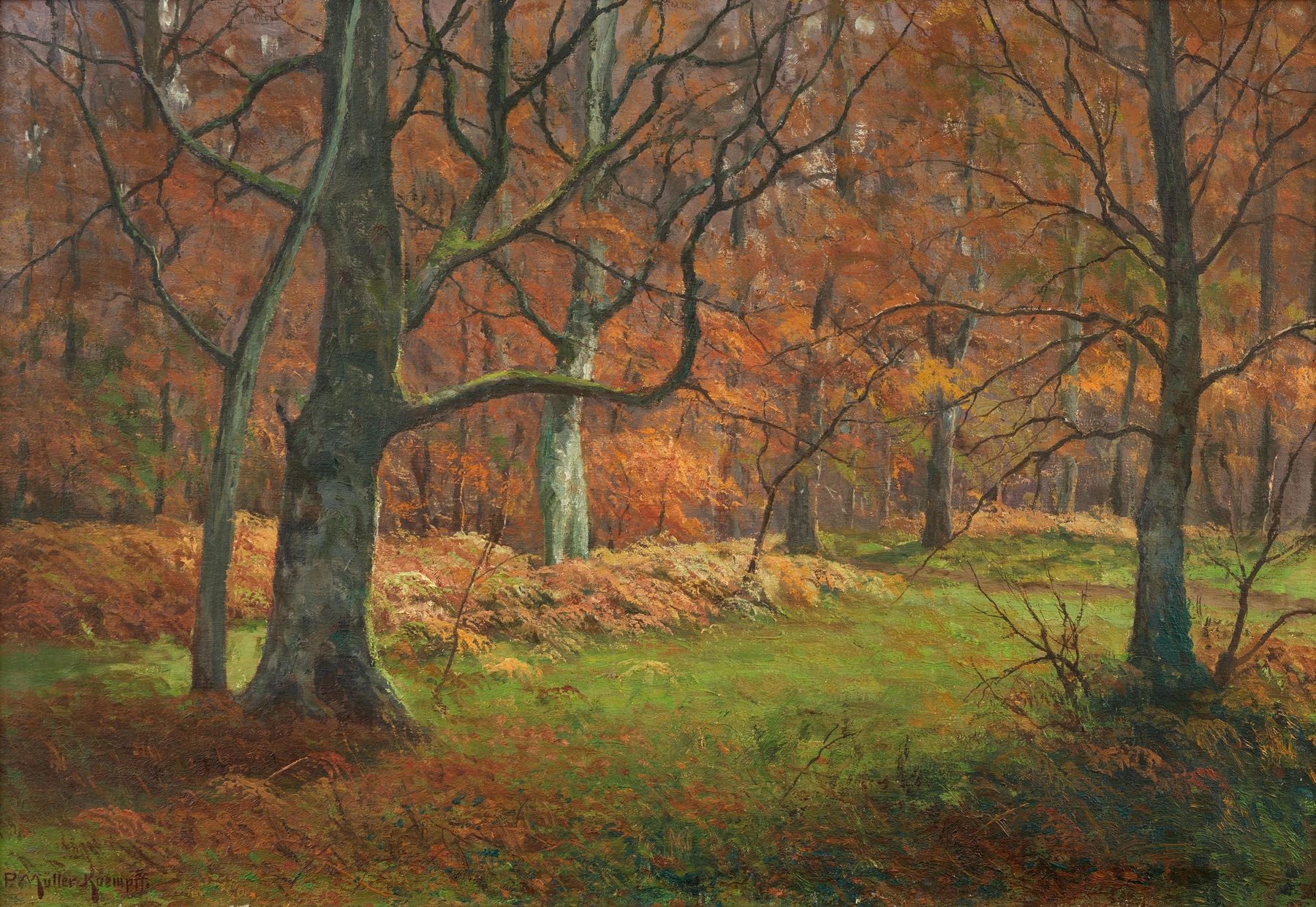 Landscape of a forest with dappled light, oil painting by Paul Müller-Kaempff