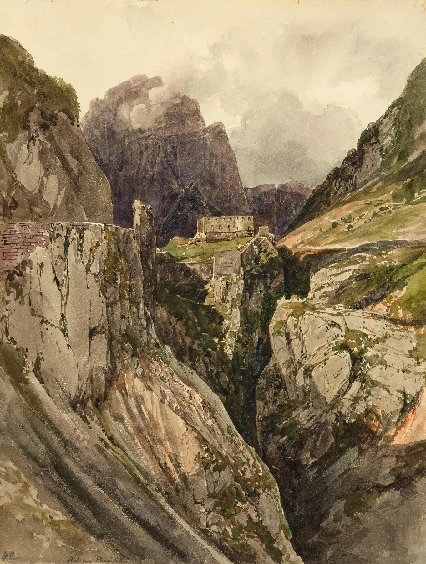 Landscape oil painting by Thomas Ender featuring a fortress on cliffs at dawn