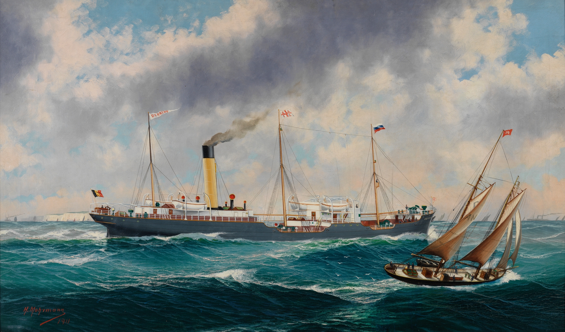 Stoomschip ‘Derbent’ by John-Henry Mohrmann, modernism, depicting a steamship on the ocean