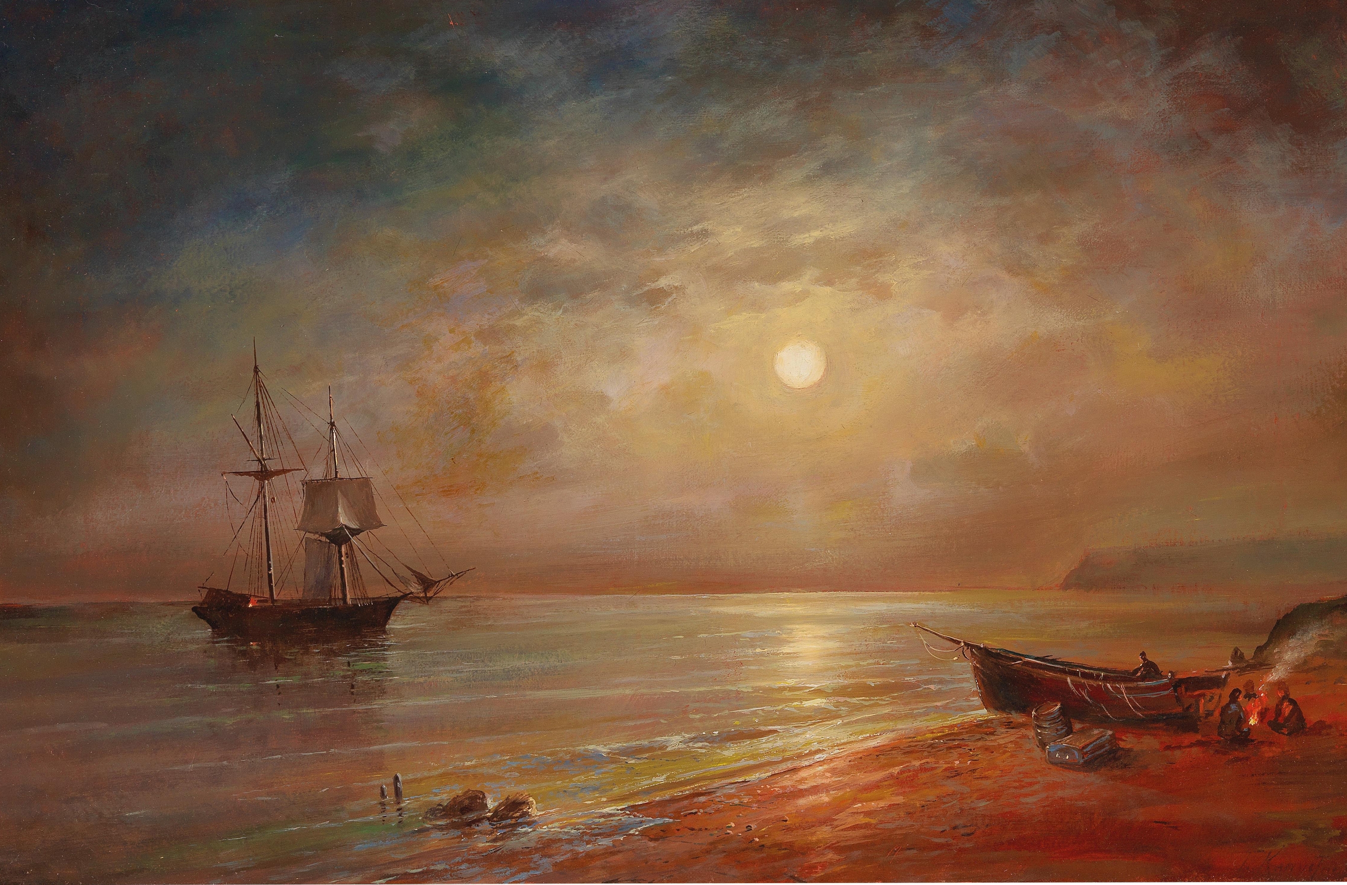 Moonlit Night Over A Coastal Landscape, oil painting by Grigori Ivanovitch Kapustin