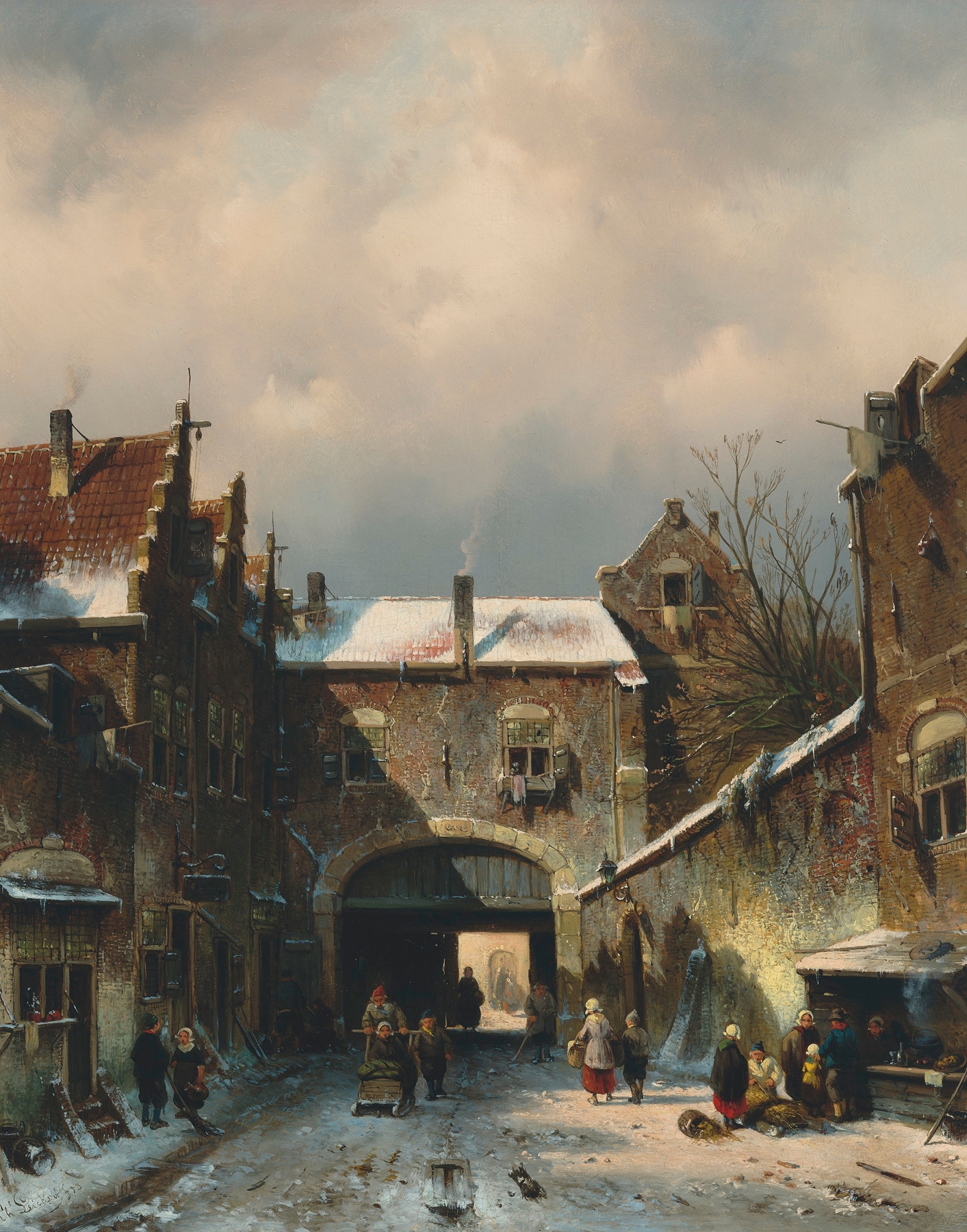 Winter street scene by Charles Leickert, depicting a village covered in snow.