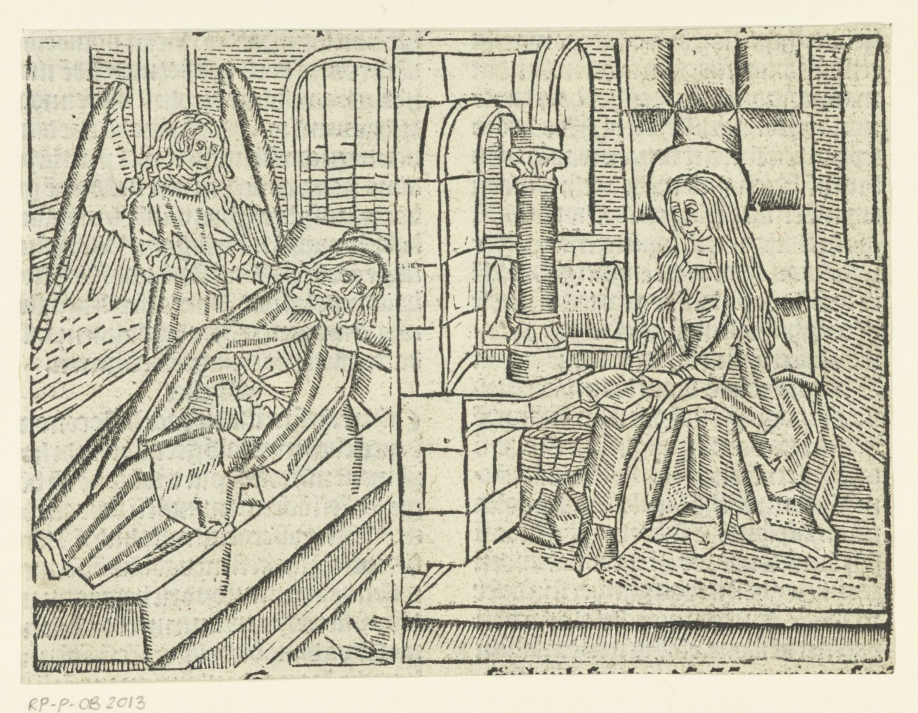 Engel verschijnt aan Jozef in een droom, paper by Master of Delft, showing Mary with a book and an angel.