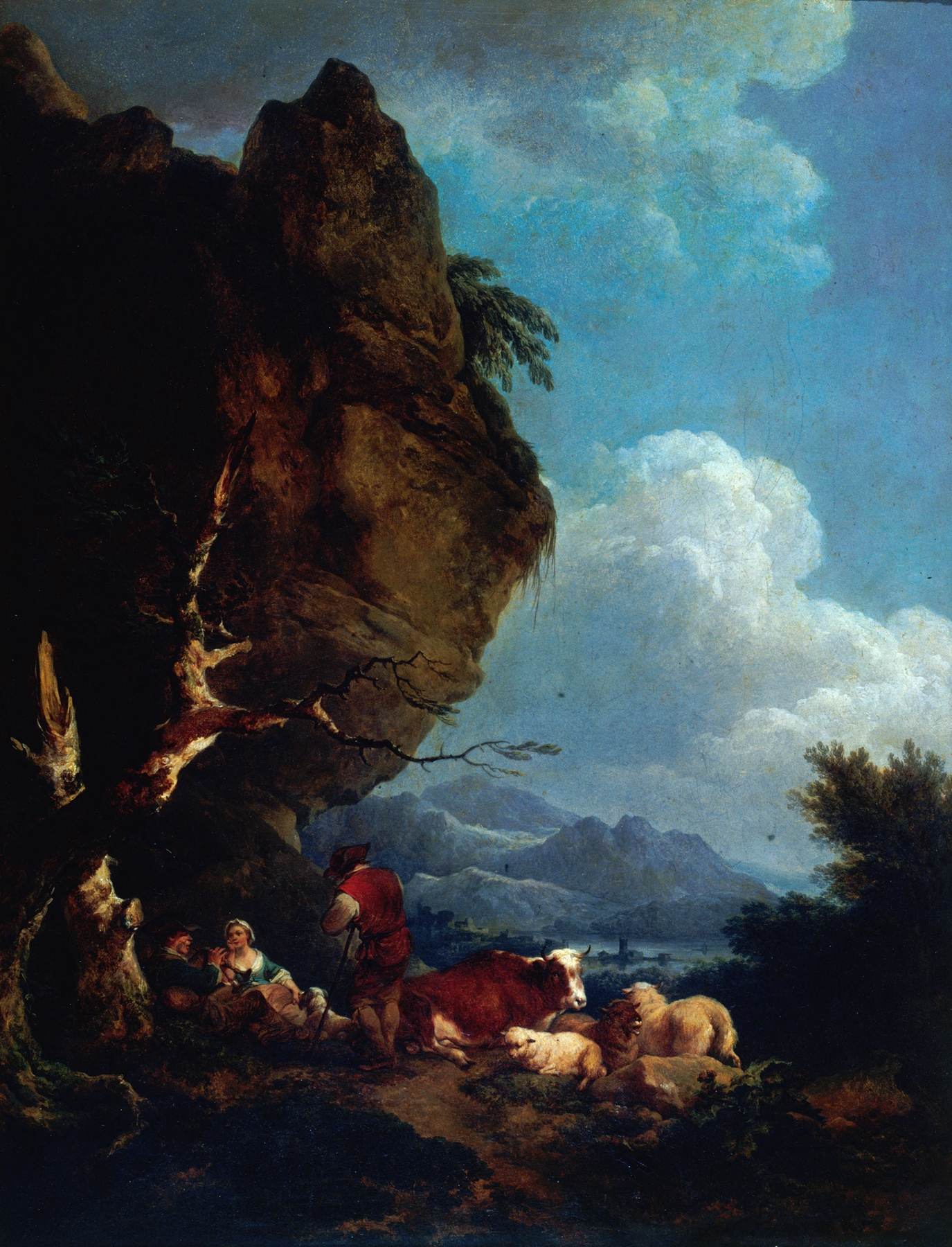 Landscape with shepherds tending their flock, oil painting by Philip James de Loutherbourg