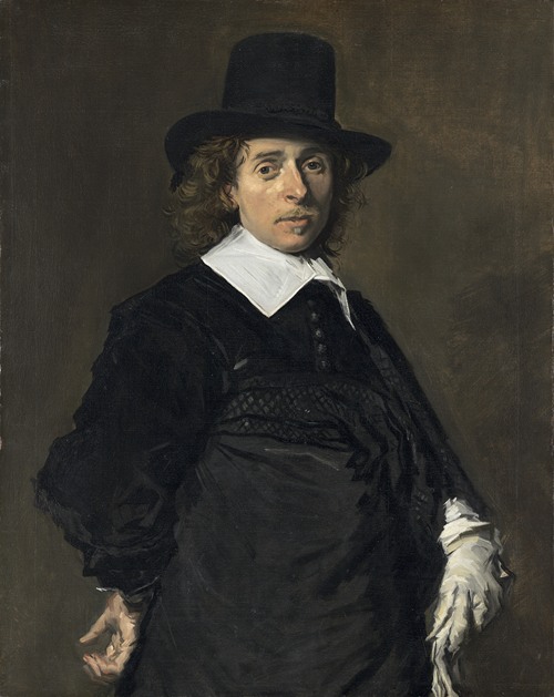 A portrait of a man in a dark outfit with a white collar, set against a dark background.