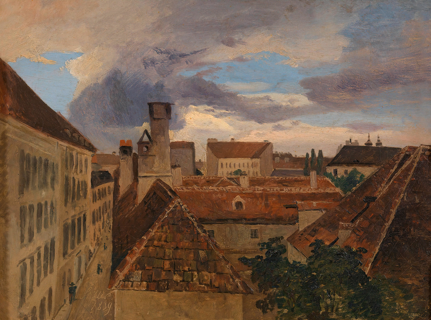 Blick in die Beatrixgasse in Wien, oil on canvas by Adalbert Stifter, depicting a quiet street scene.