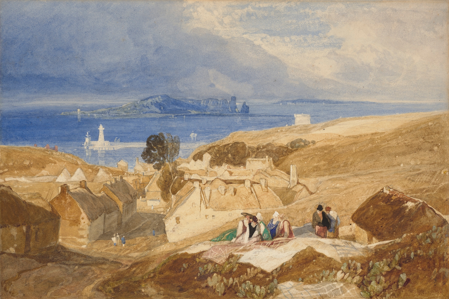 Watercolour by John Sell Cotman depicting hills, sea, and light.