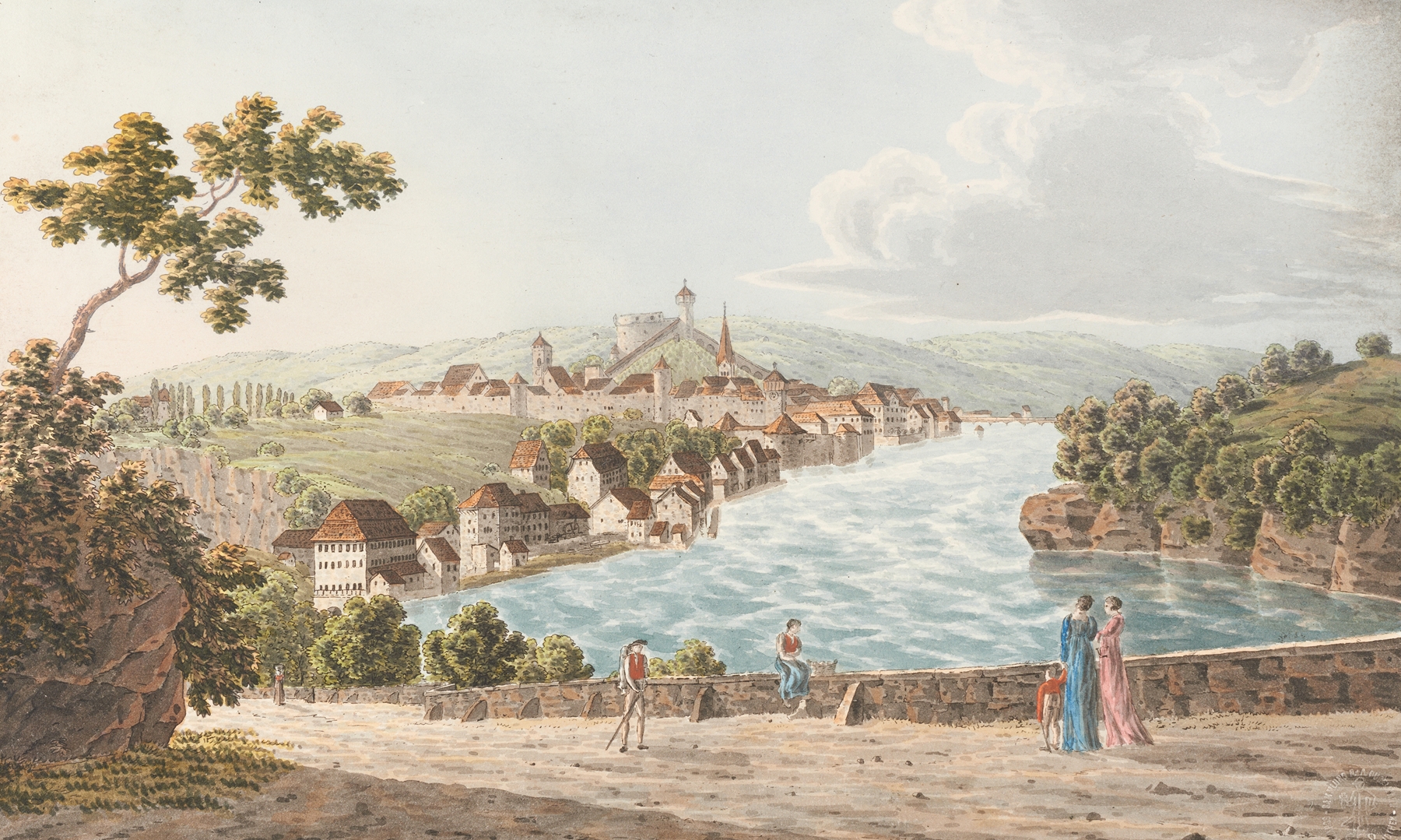 Landscape with a town by a river and hills, oil painting by Johann Jakob Biedermann