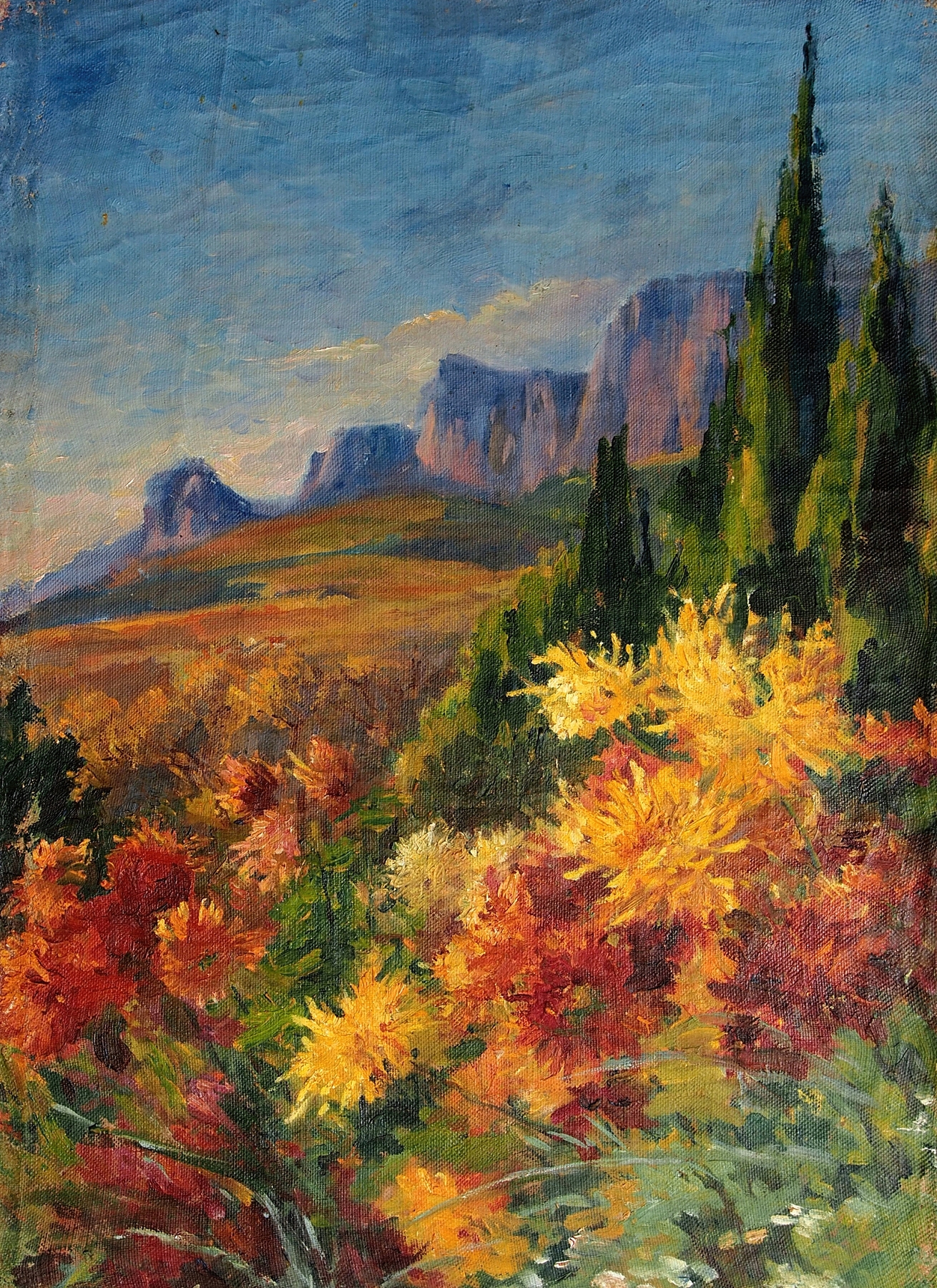 Oil painting by Lilly Walther depicting vibrant chrysanthemums on canvas