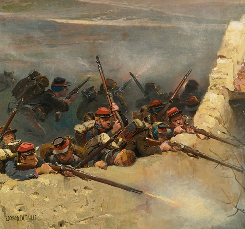 A group of soldiers taking cover behind a wall during a battle.