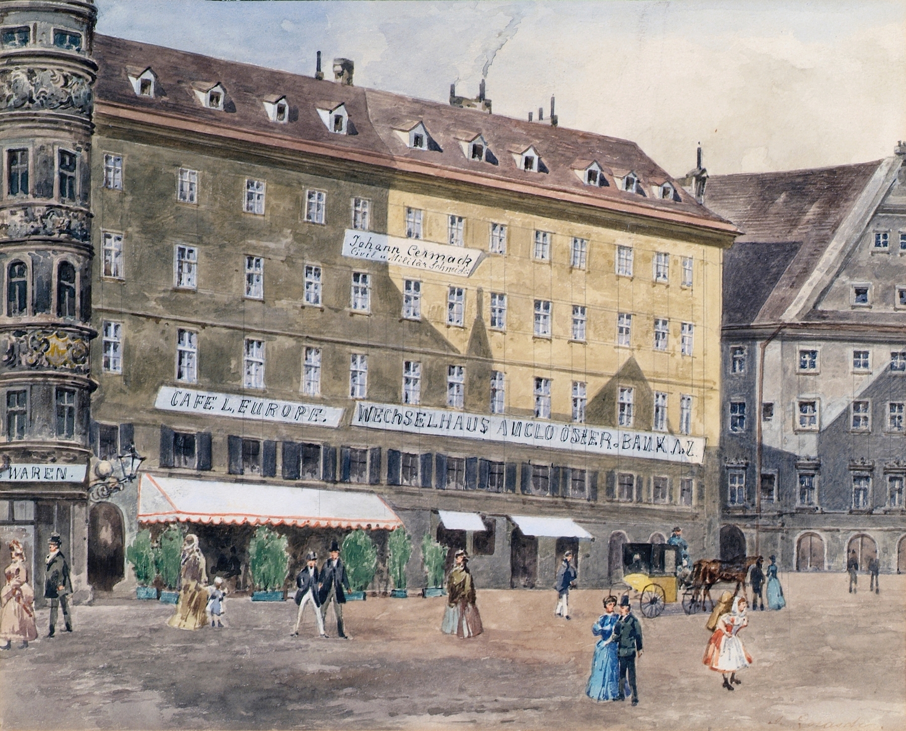 Architecture of ruins in 'Die ehemalige Brandstätte am Stephansplatz in Wien mit dem Cafè L’Europe' by August Gerasch