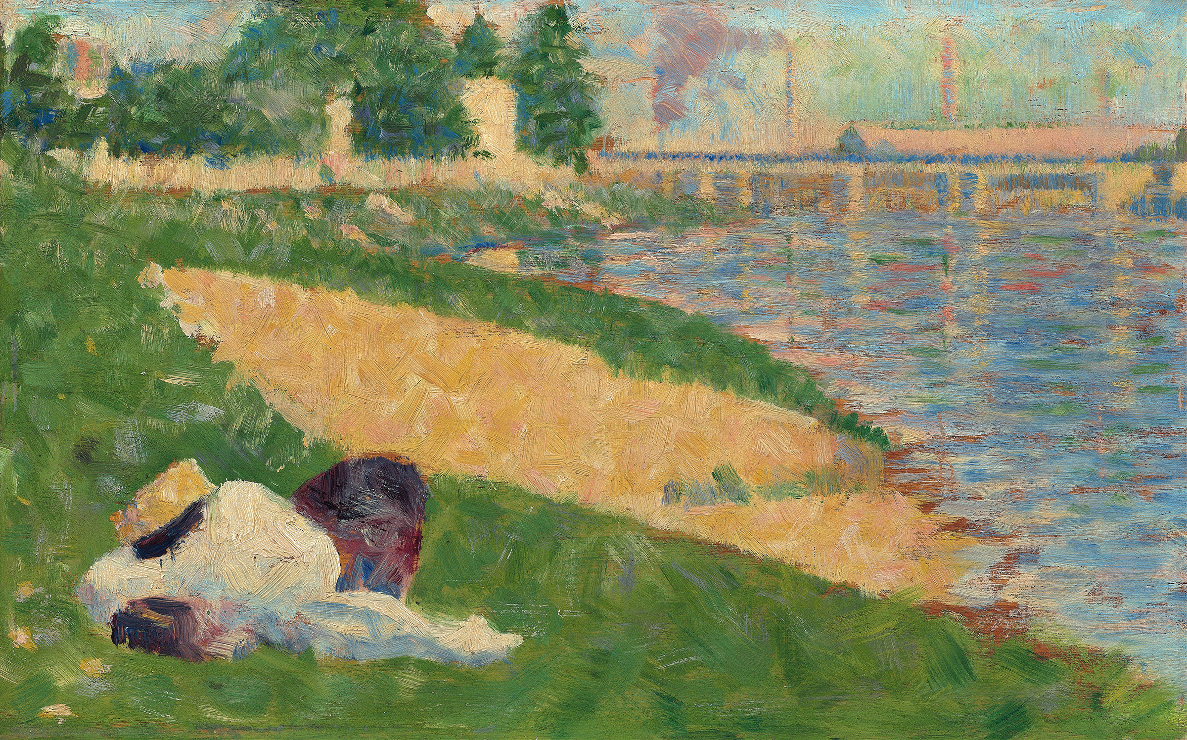 The Seine with Clothing on the Bank (Study for  Bathers at Asnières ), by Georges Seurat, public domain