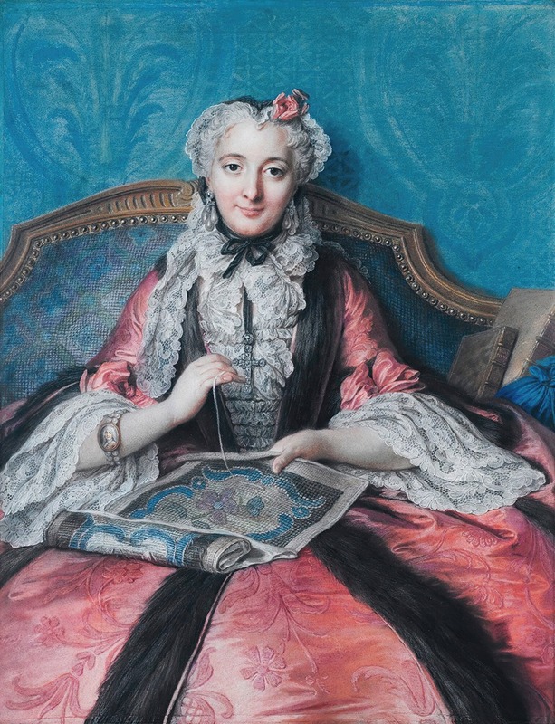 A portrait of a woman sewing by Charles-Antoine Coypel.