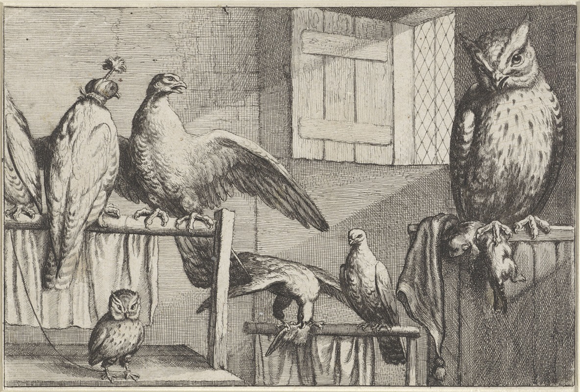 A depiction of several captive birds resting on wooden perches in a brickwalled room.