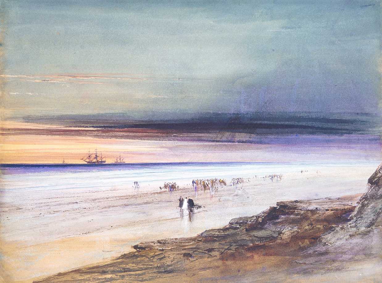 Beach scene by James Hamilton, oil on canvas depicting waves and sandy shore.
